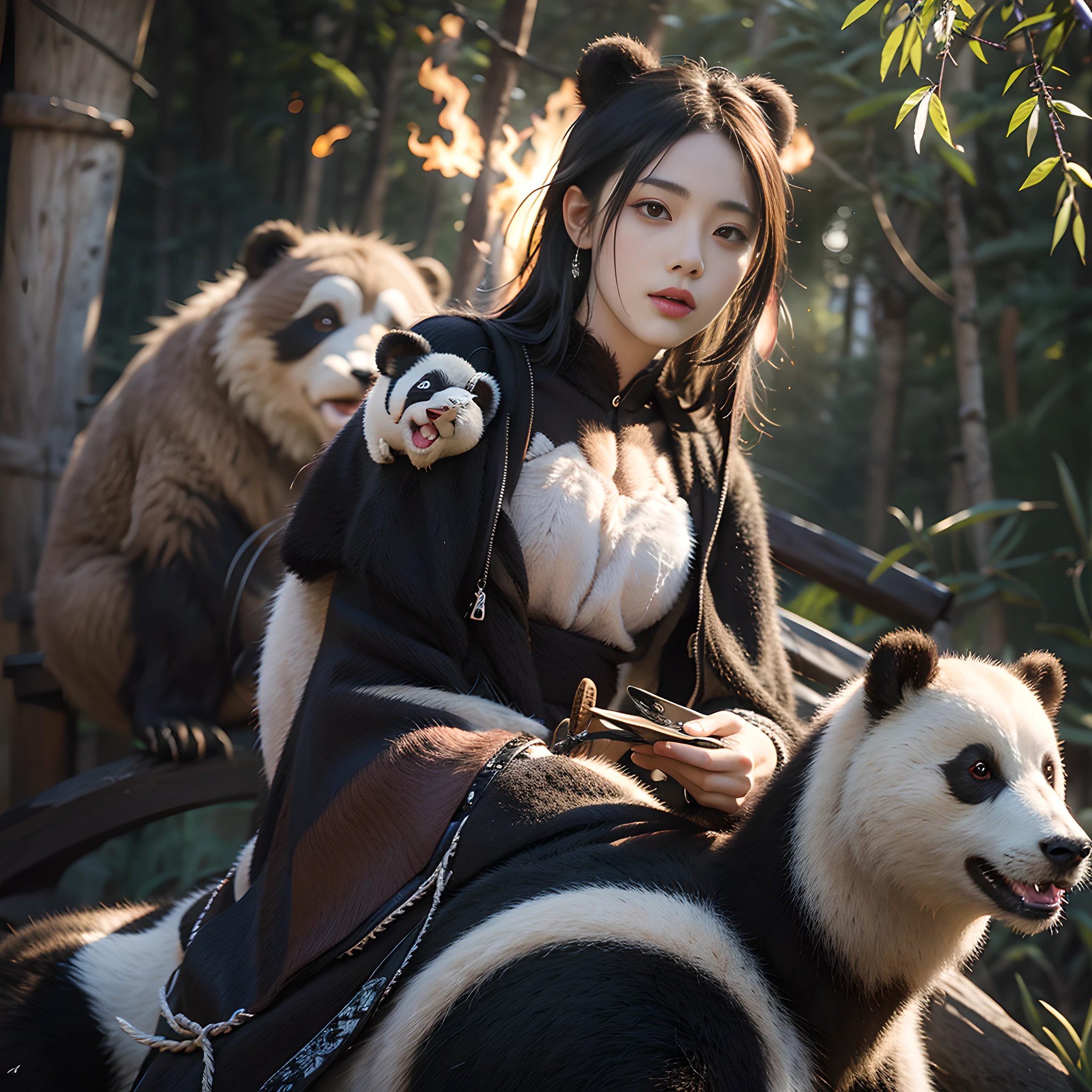 best qualityer，tmasterpiece，（真实感：1.4），full bodyesbian，1girll，对称，highly  detailed，glaring lights，电影灯光，Contrast，textureskin，hasselblatt，45 degree，Photo of Kilikira，Adero's fat panda, Girl riding on bear in samurai armor
