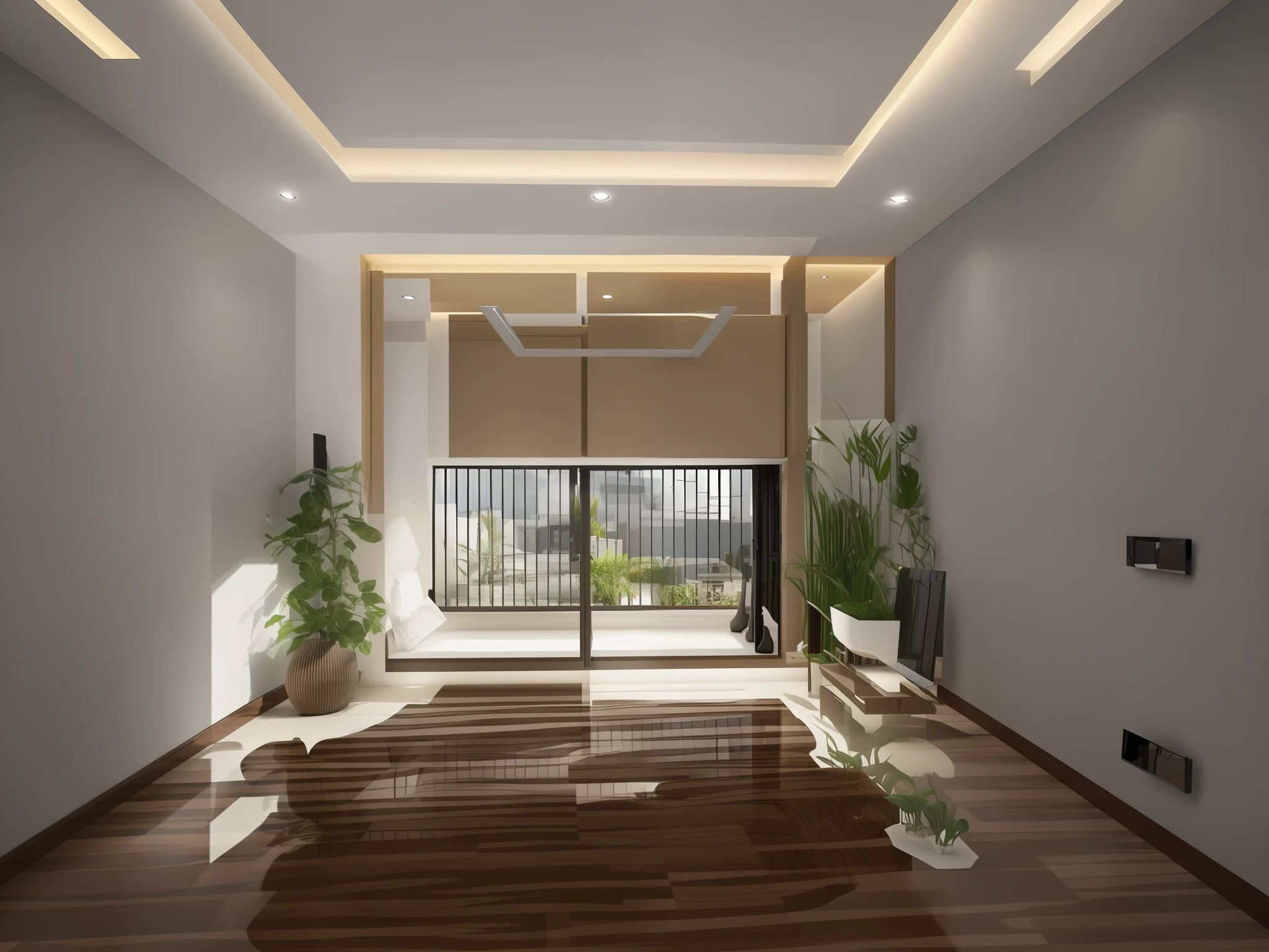 Modern living room, realistic render, sofa, city view, tv, ceiling with led, decorative wall, wooden floor, high quality