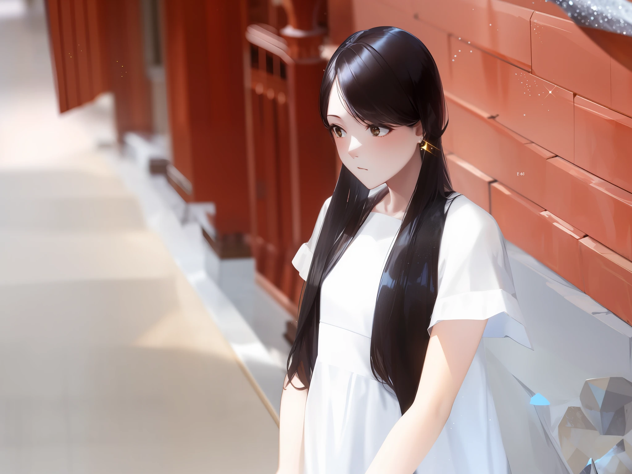 Masterpiece, 4K wallpaper, movie light, Absurdres, protrait 1girl, amber hair, silver earrings, (small crystal floating: 0.6), crystal floating, particle glow, dreamy golden clothes,