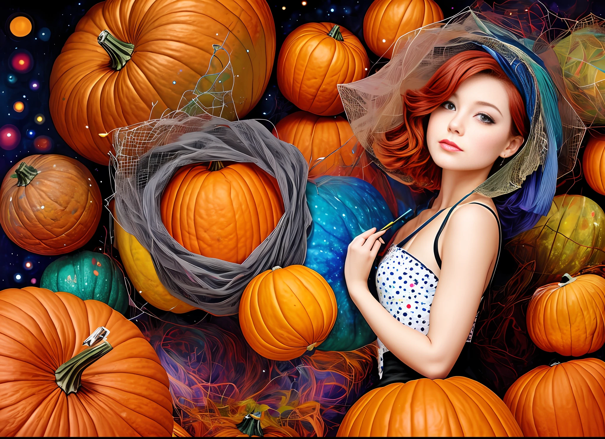 1girll, Psychedelic artist with short red hair and polka-dot dress, Take the pumpkin and brush, Draw dots on a canvas full of circles and nets, The images are presented in the style of oil painting，With bright colors and patterns, The camera is a Nikon Z7 II with a macro lens, The lighting is natural and colorful, Create fun and creativity, The composition is round，at centre, Create a sense of harmony and infinity.