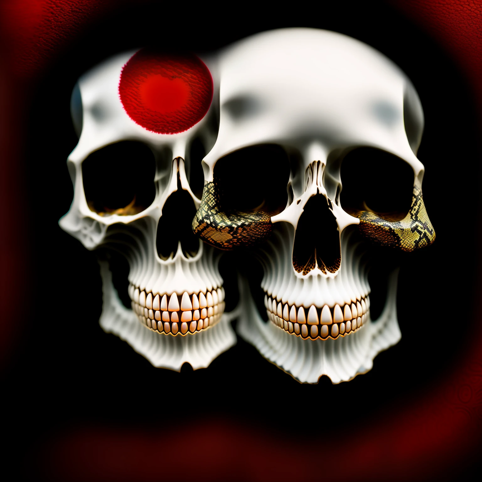 Black snake hair,Red-white eyes,Super detailed sea surface,Skull in eye reflexes,Background of ancient civilizations,Expressions of happiness and evil charm,A symbol of the center feminine,Structure-level female body,The whole body is covered in silk