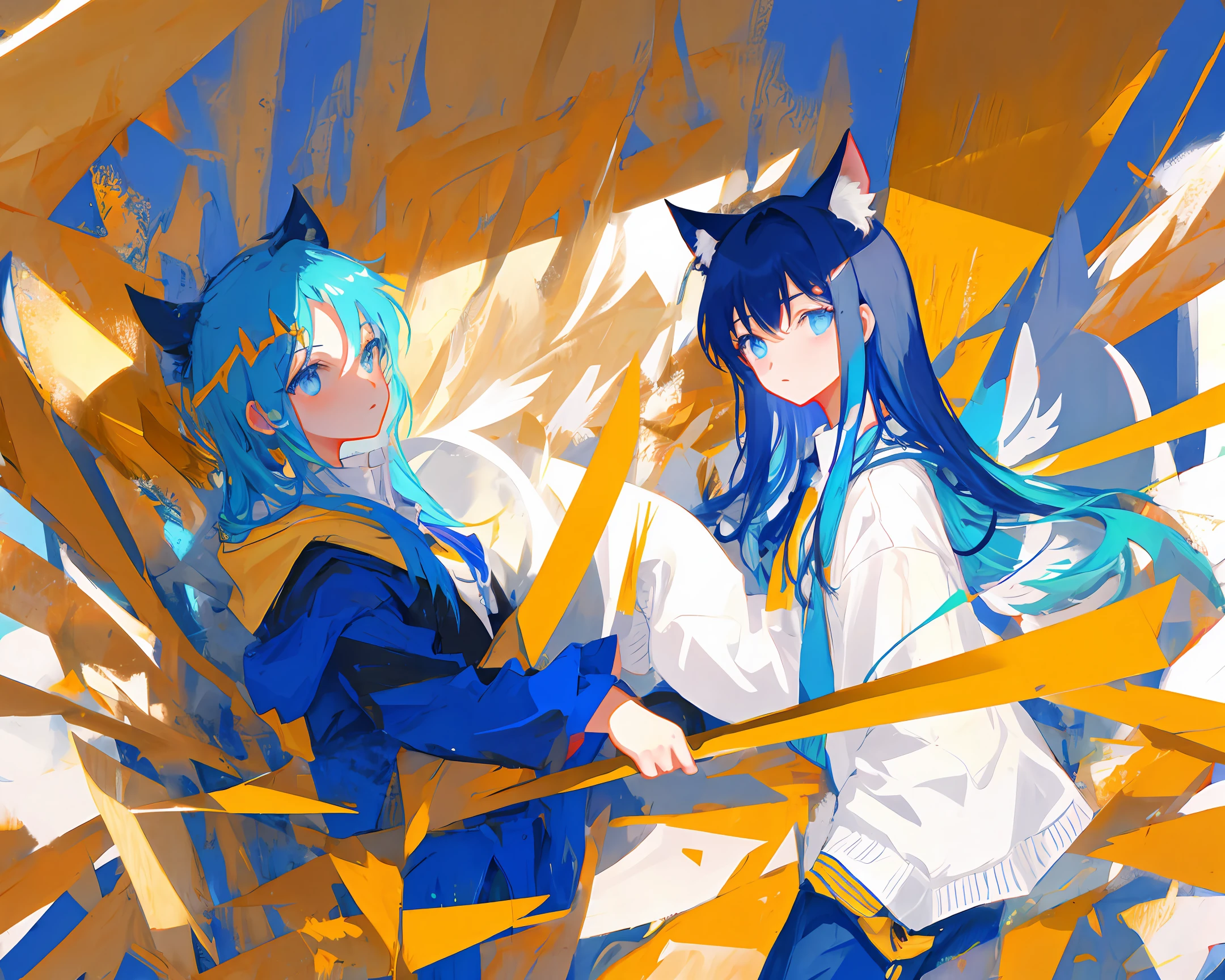 yellow long hair，blue Cat eyes，wings，animel，Regil