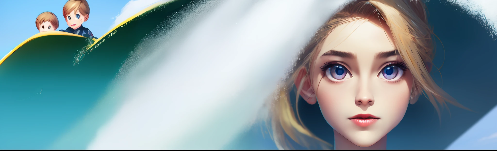 highly detailed, high high quality, tmasterpiece, big breasts beautiful, surfing,3 children,Clear facial features (Detailed face and eyes:1.3)