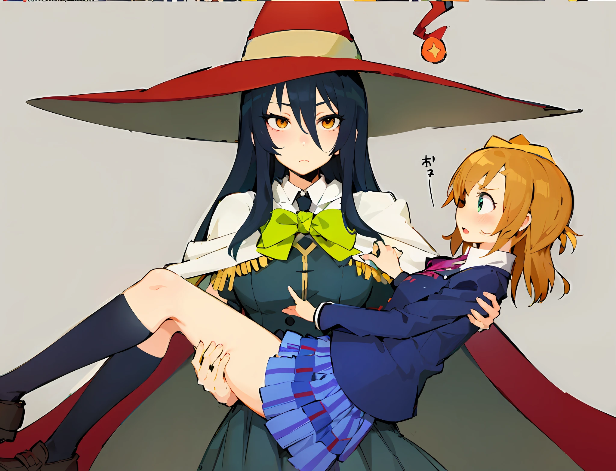 Anime girl in witch costume holding girl in witch costume, witch academia, flirty anime witch casting magic, half invoker half megumin, kirisame marisa, by Kamisaka Sekka, Megumin, from cryptid academia, けもの, by Kamagurka, zerochan, tsukasa dokite