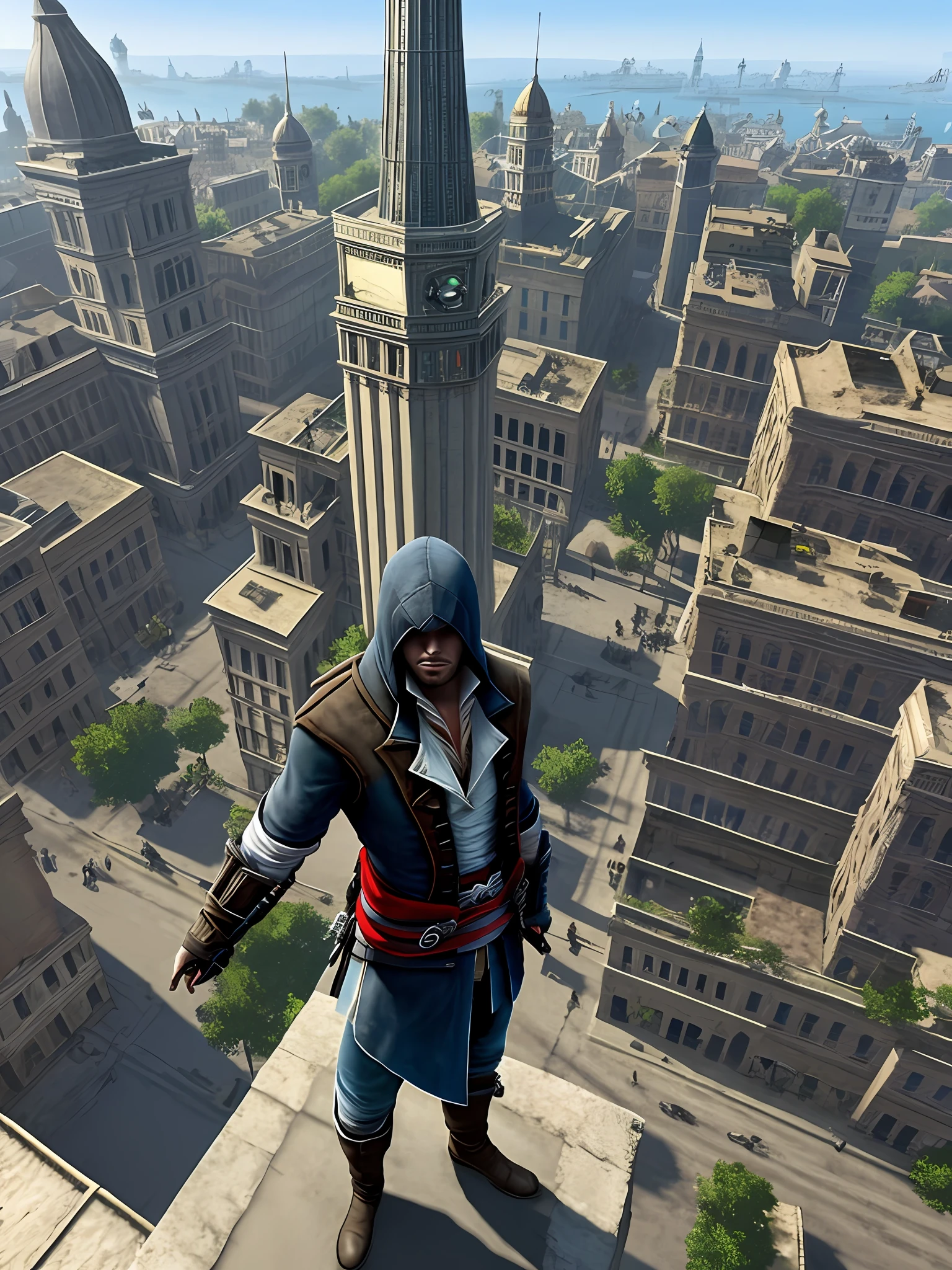 Assassin's Creed stands at the top of a tall building looking down