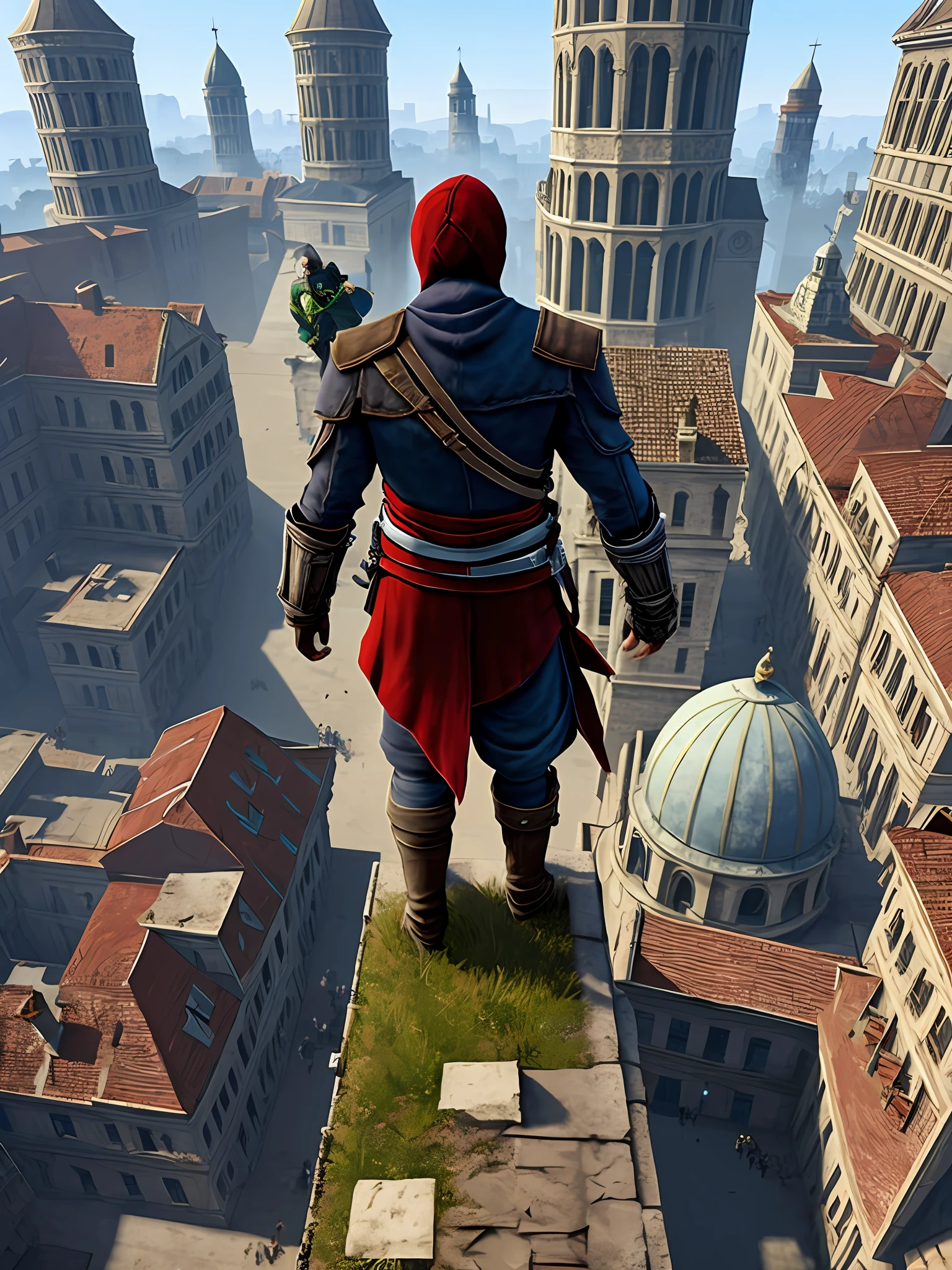 Assassin's Creed stands at the top of a tall building looking down