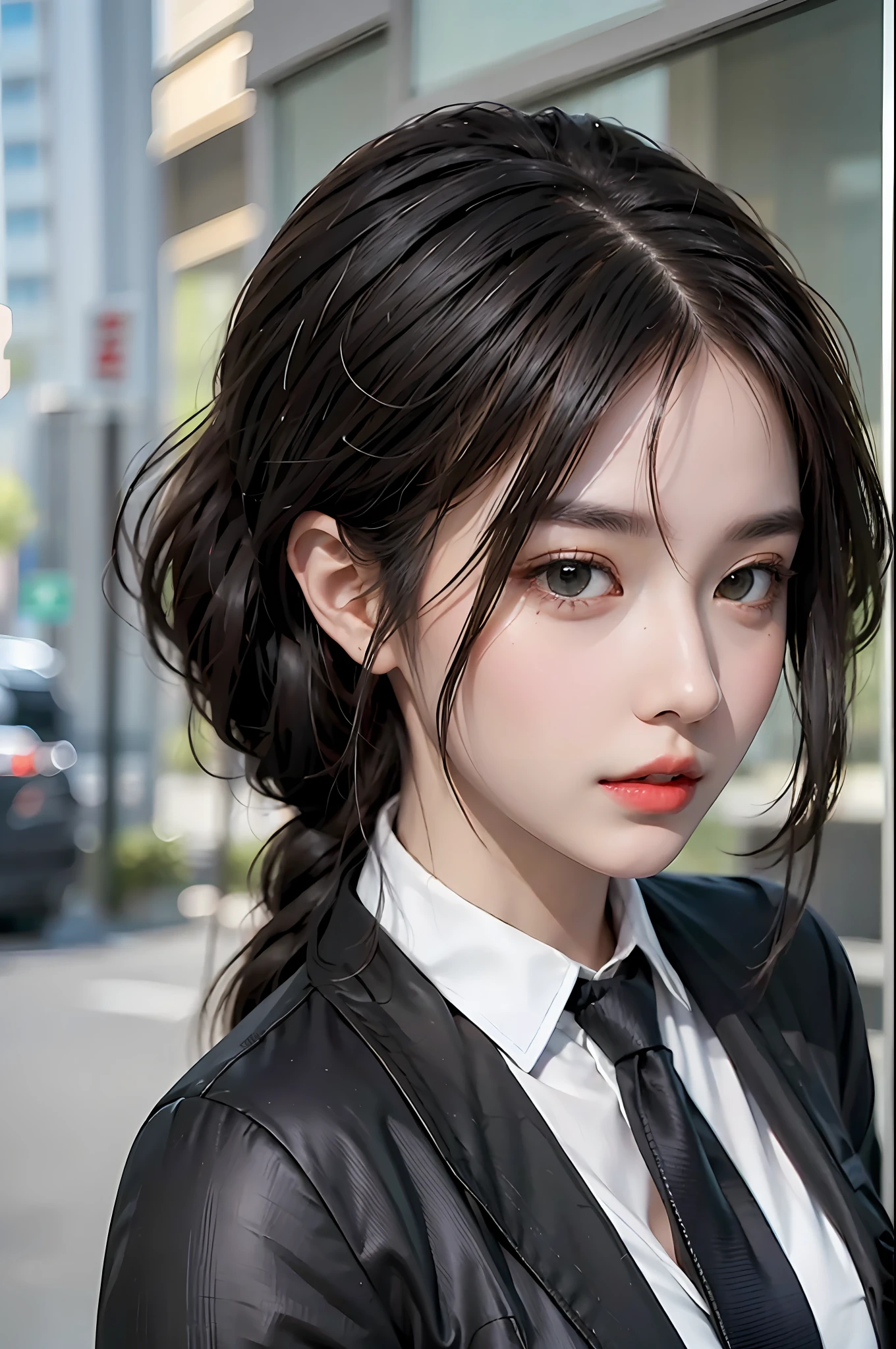 photorealistic, high resolution, 1 girl, hips up, beautiful eyes,black suit,makima,braided ponytail,ringed eyes,collared shirt,black necktie,black pants