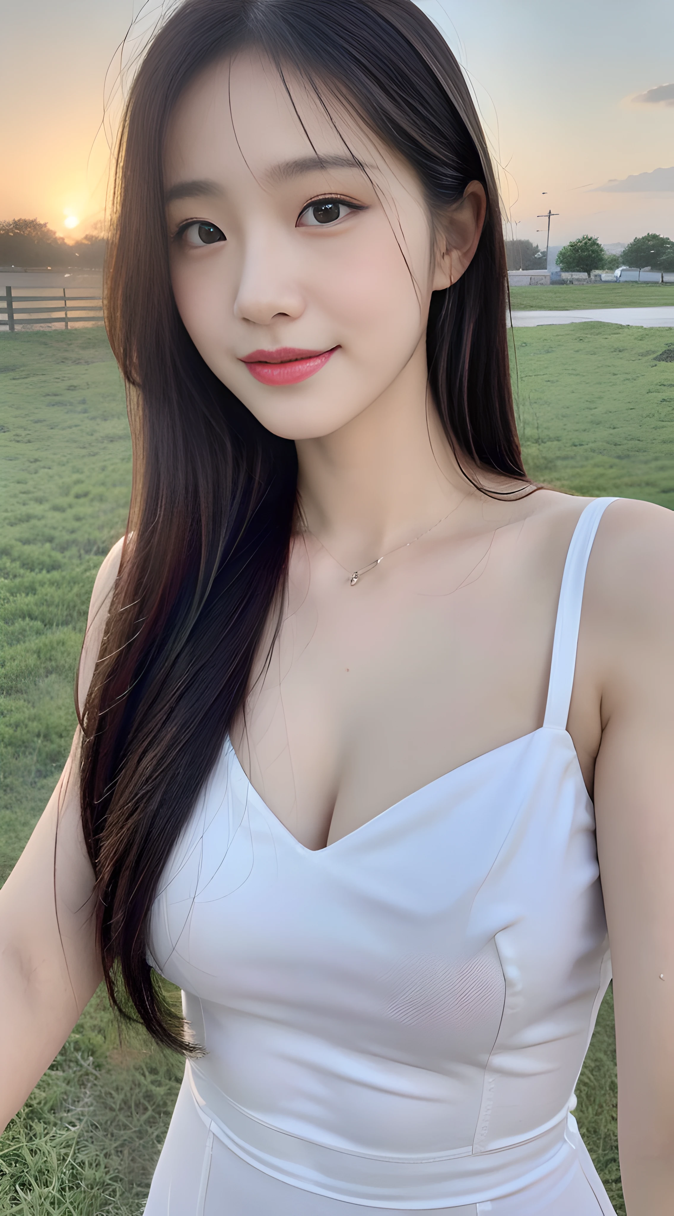 (1 Korean star with royal sister style), ((Best quality, 8K, 巨作: 1.3)), focal point: 1.2, Perfect body proportions: 1.4, (Make a smile), (Sunset: 1.3),  Watery eyes, Highly Detailed Face and Skin Textur, Fine eyes, Double eyelids, Whitens the skin, (long whitr hair, Air bangs: 1.3), (Round face inches: 1.5), (Wet dress dress: 1.4), （Sketch 1:2，） （grassy fields，suns，​​clouds，Tano，farms，starlights，footpath）