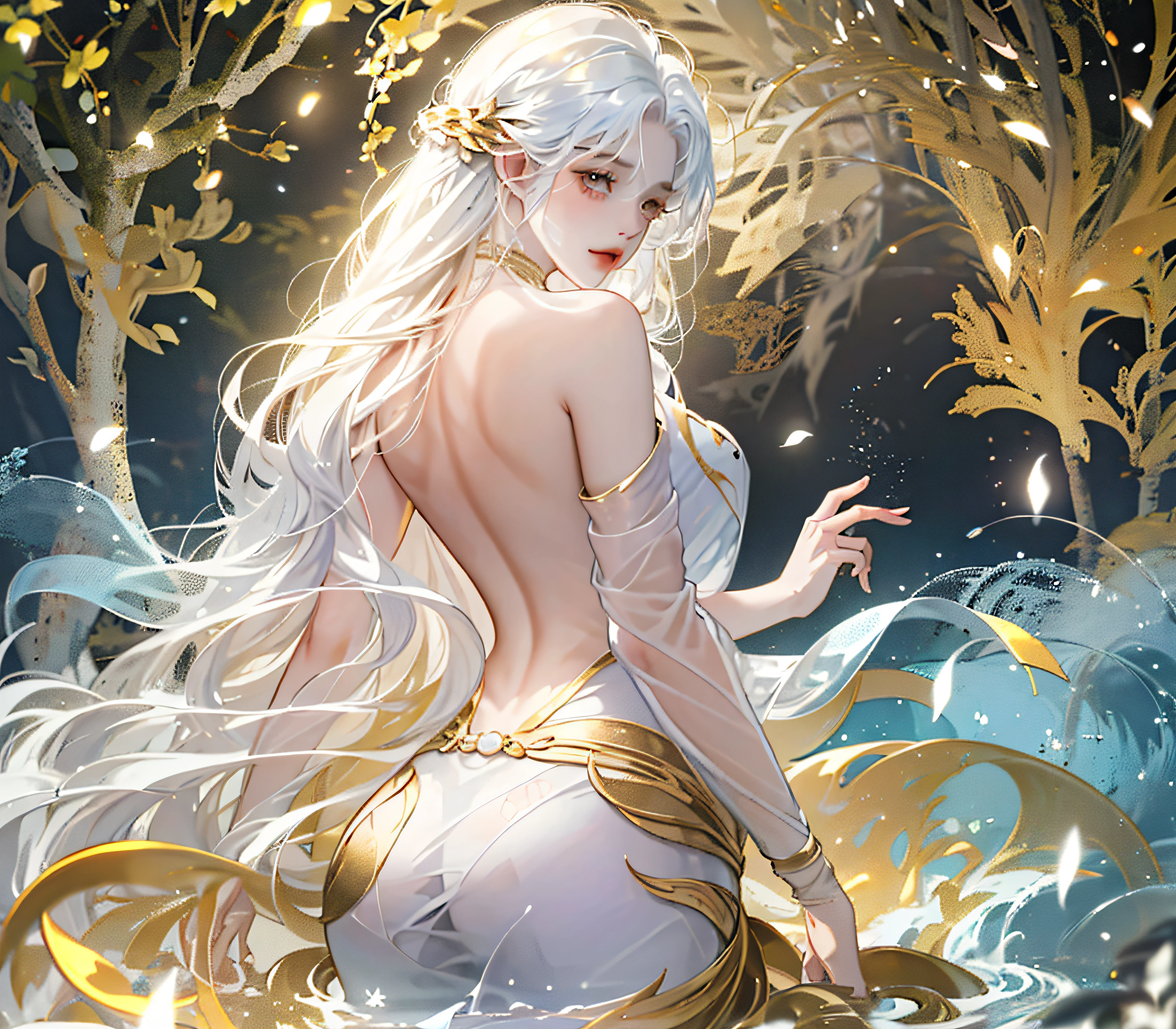 Still water flows deeply,A song of vicissitudes,White gradient hair girl ,Goddess Maiden ,Plain white simple dress,Shy,Bare body,Bare back,Buttocks exposed,Golden textured metal petals Extremely smooth long hair, Long-haired golden plant anthropomorphic ,spectacular backdrops, Overgrowth ,The background is empty