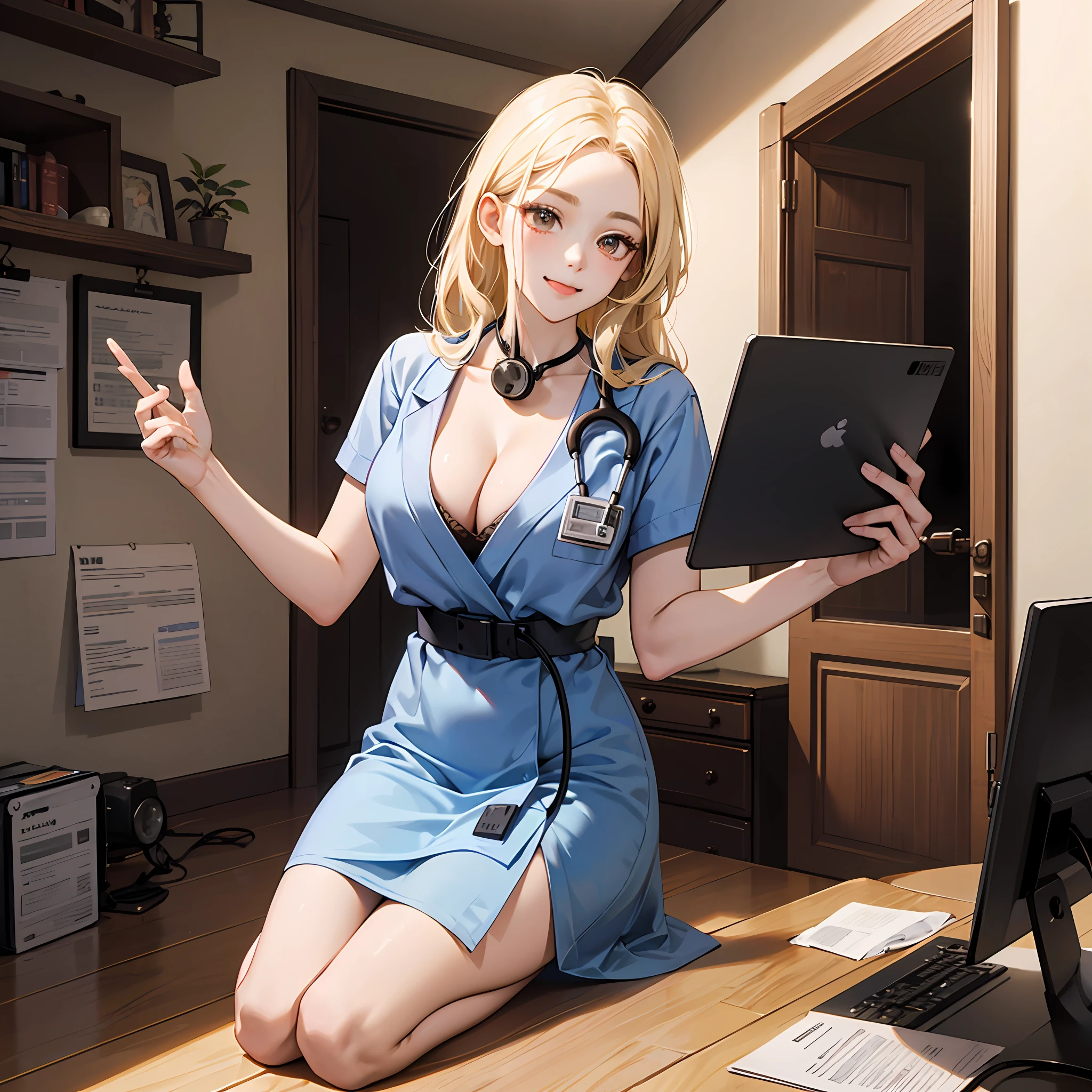 big breasts exposed cleavage， Long blonde fringed hair， with brown eye， 1girll， the doctor， The stethoscope is on the neck， ssmile， innocent，Stick out your tongue，Eyes up，enjoying，100mm lens， （realisticlying， Lens glare：1.4）， Look to the right， as a doctor， 校服， （complexdetails：1.2），（tmasterpiece， ：1.3），（best qualtiy：1.4）， （超高分辨率：1.2）， 超高分辨率， （detailedeyes）， （detailedfacialfeatures）， HDR， 8K分辨率， （stethoscope）， farsightedness， Reflections on the floor， Low cut open cloth --auto