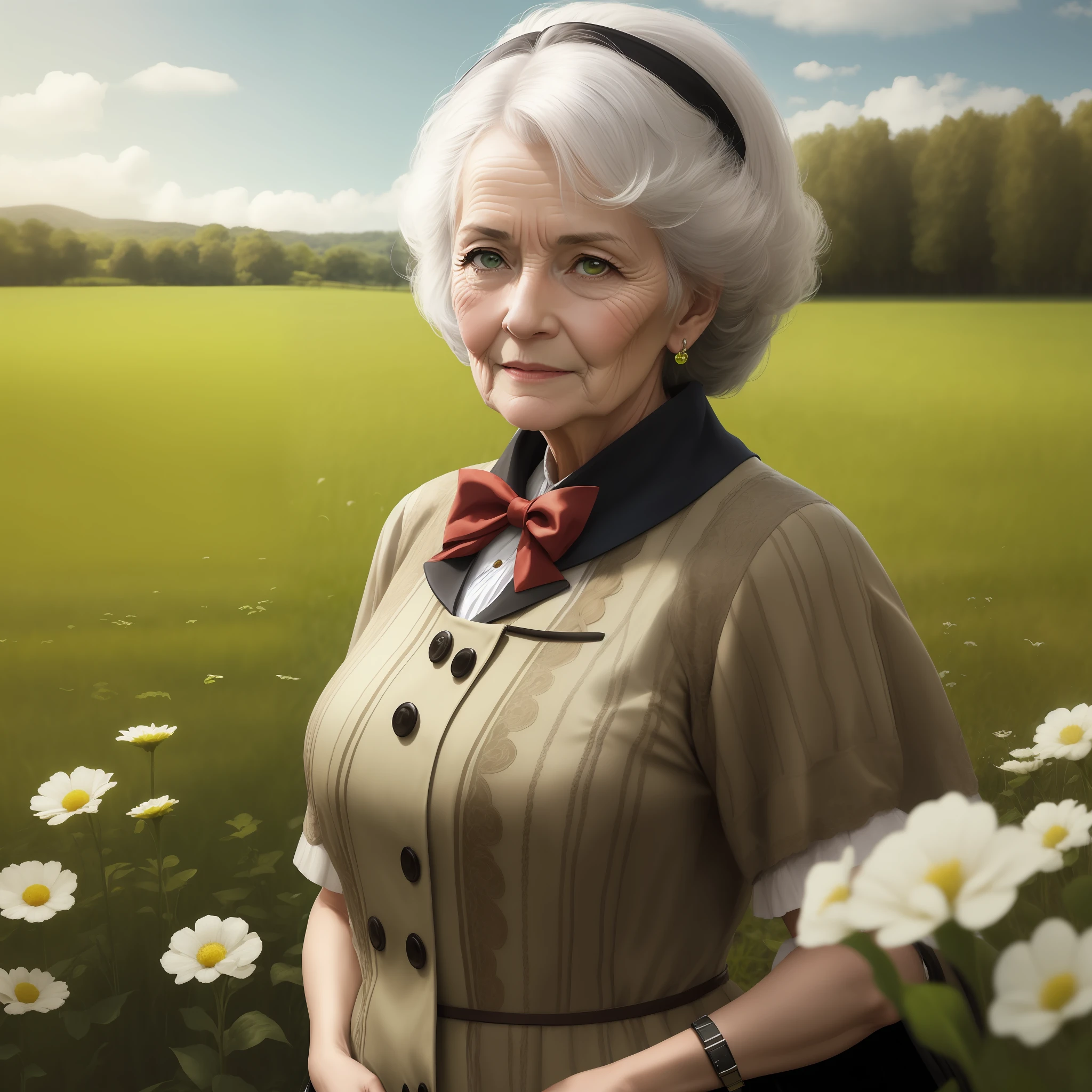 Realistic rich old lady helping noble people, background with green field