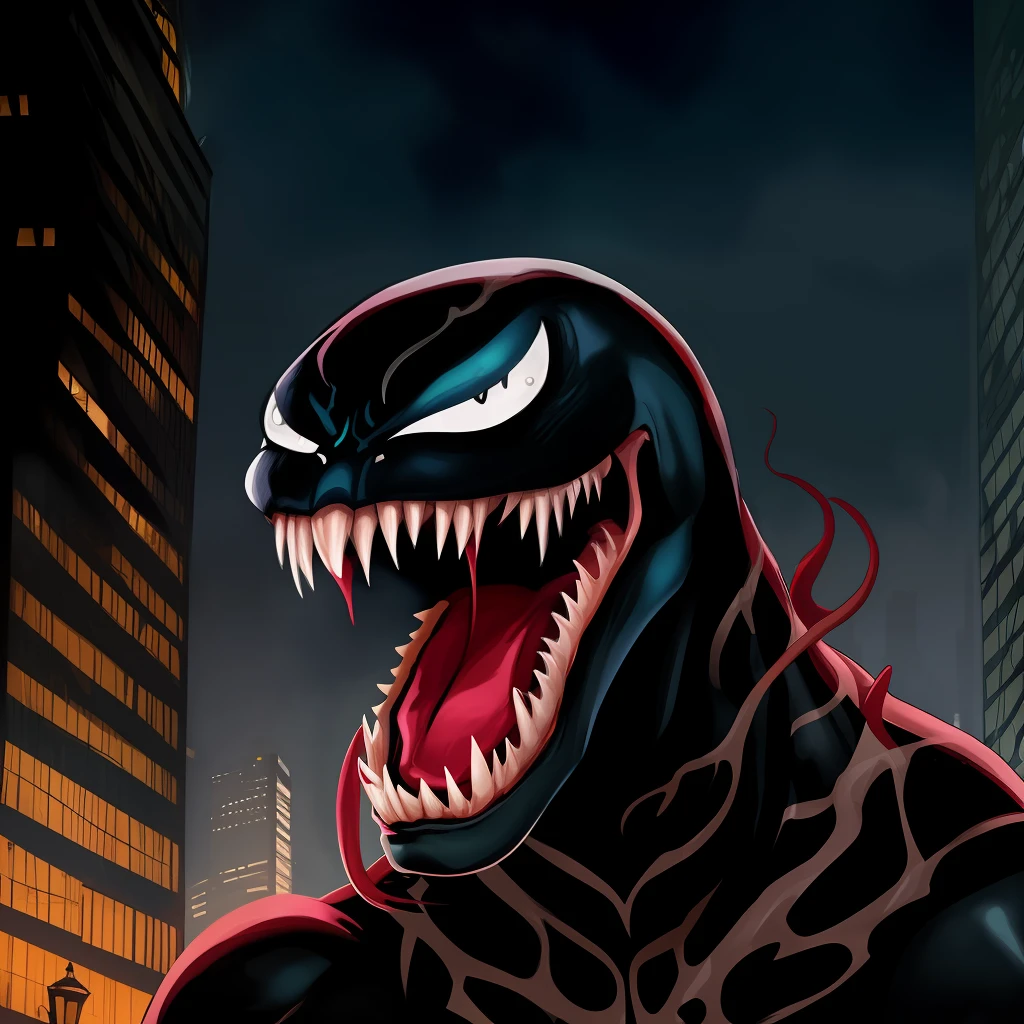 Black night，In the shadows of the city，Venom is wearing armor，Mouth sticking out red tongue
