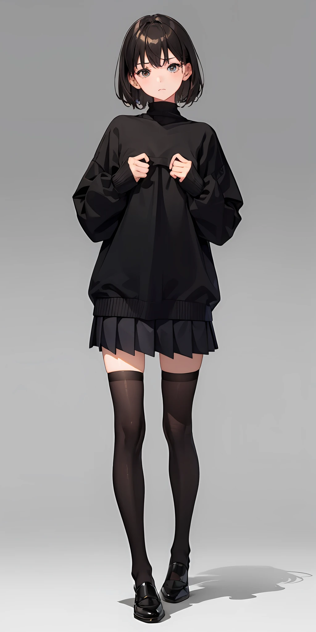 1girl,(8K, Wallpapers, best qualtiy, A high resolution, 1girl,emaciated,Small of breast,brunette color hair,short detailed hair,Melancholic,Unhappy,Black sweater,White pleated skirt,Hosiery,no shoe,Put your hands behind you,Stand up,Look at the picture