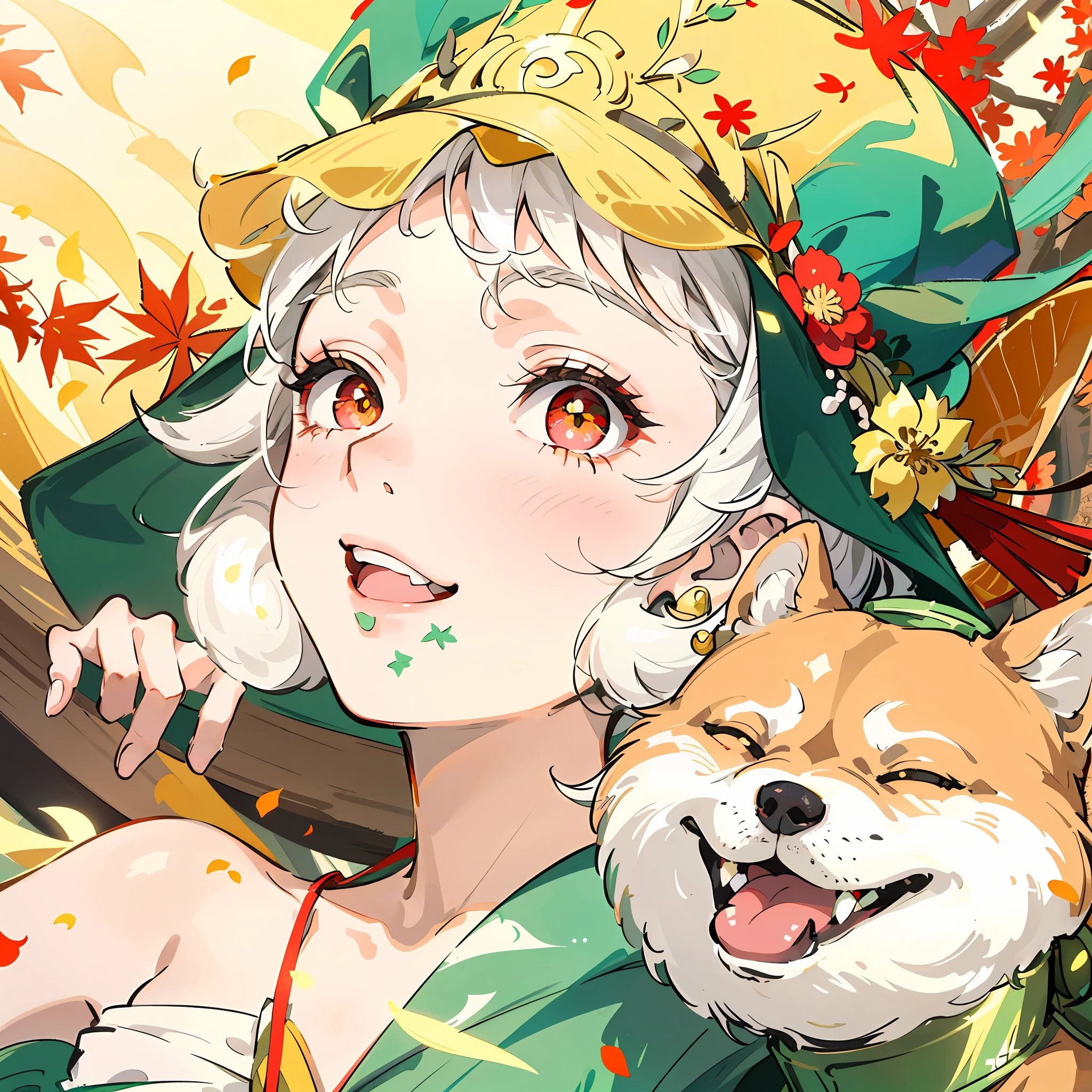 Red eyes,a little lovely ??? girl,white color hair,Silver hair,Wear a yellow hat on the head,A cute Shiba Inu,big laughter,ssmile,A happy expression,Immature little girl,Dressed in ancient Chinese costumes,Beautiful details,Maple leaves fall,Intense light and shadow,A beautiful female body ,Floating hair,Delicate and agile eyes,Starry pupils,Intricate damask hanfu,Gorgeous accessories,Wearing pearl earrings,fov,F1.8,tmasterpiece,Complexscenes,Petals flying,Frontal portrait shot