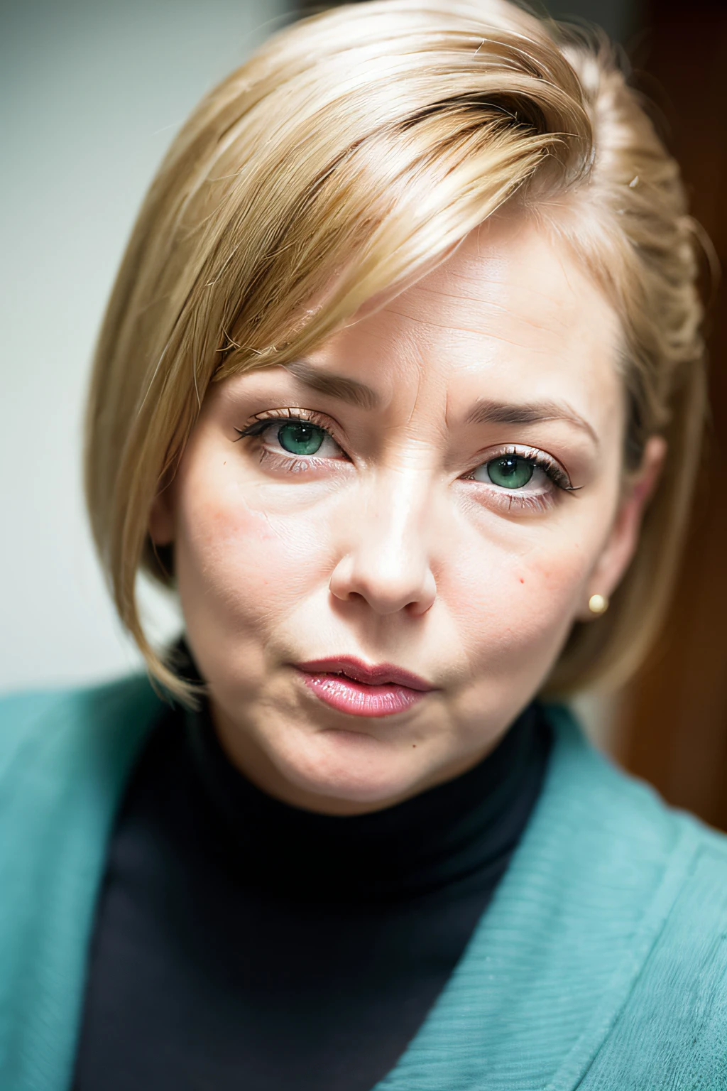 (((realistic))),(((a close up ))) a mature woman, 50 years old ,short hair, bob cuthair, (((big water green eyes))), pink lips, white glossy silk shirt