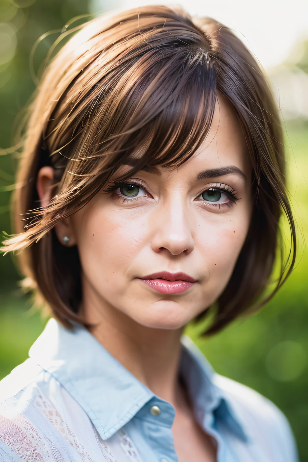 (((realistic))),(((a close up ))) a mature woman, 50 years old ,short hair, bob cuthair, (((big water green eyes))), pink lips, white glossy silk shirt