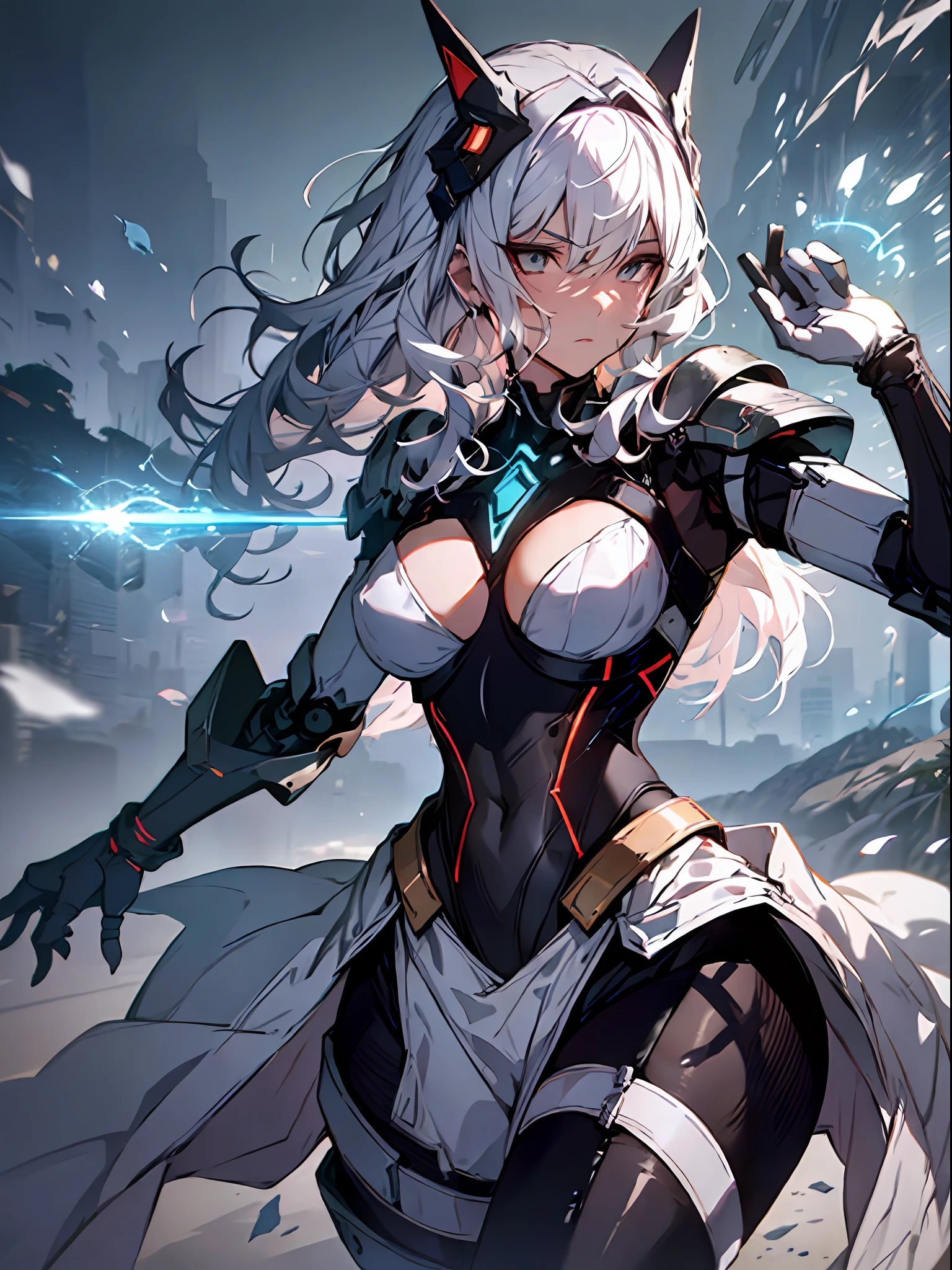 Masterpiece, Best Quality, 1 Girl, Magician, Mysterious Emoticon, Magical Effects Like Flash or Energy, Flowing Robe or Enchanting Costume, Magical Creatures or Mysterious Background, Edge Lighting, Side Lighting, Cinematic Light, Ultra High Resolution, 8k UHD, Film Grain, Best Shadow, Delicate, RAW, Light Particles, Detailed Skin Texture, Detailed Cloth Texture, Beautiful Face, Mecha Musum, Robotic Arm, Headgear, Tights, Battle Stance, Sword Holding, Attack,