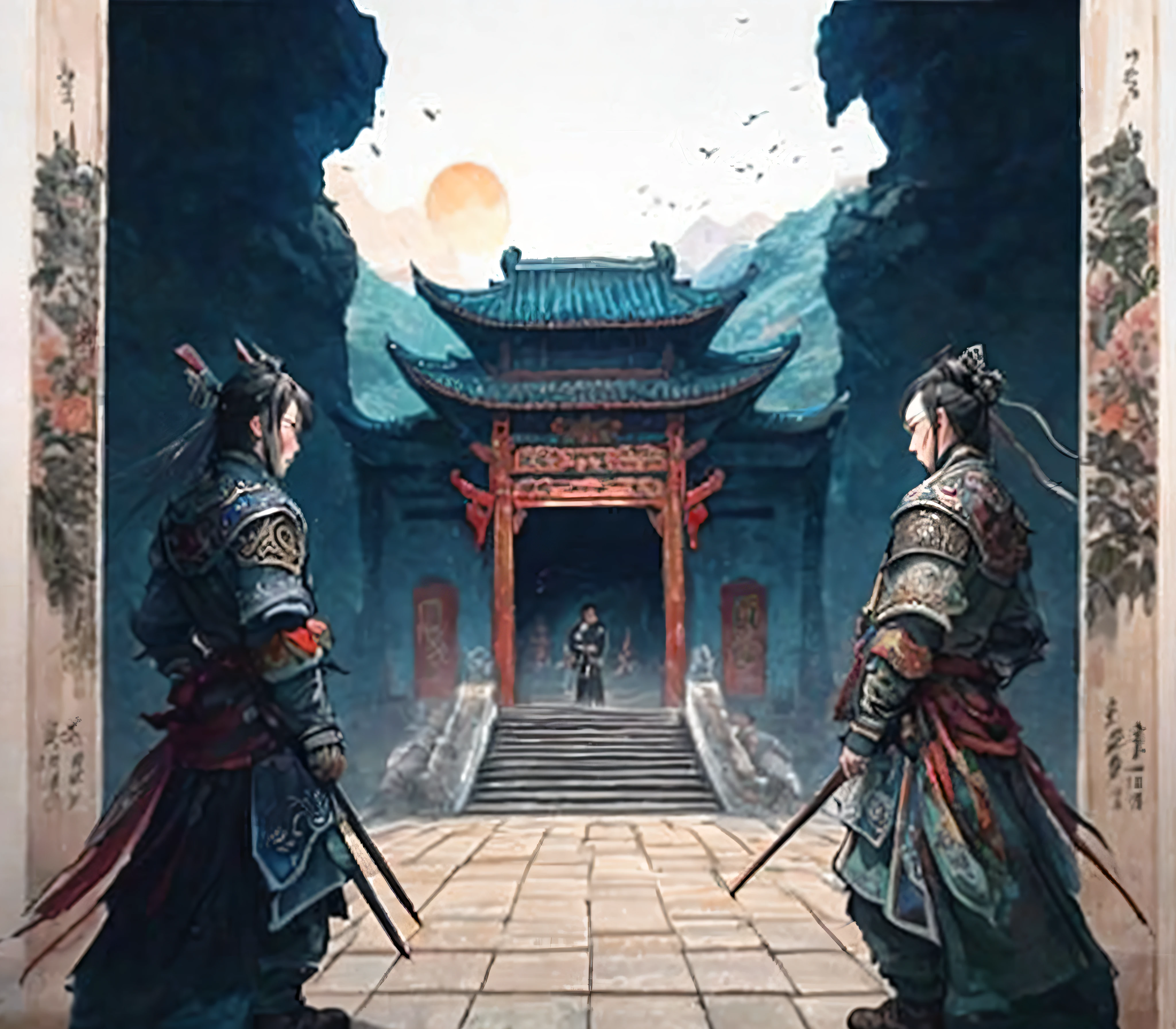 In the cave heavenly blessings,Inside the Immortal Cultivation Sect,Two Asian men in full armor stand in front of a building, Upcoming competition,chinese three kingdoms, Wuxia, cyberpunk chinese ancient castle, from three kingdoms, ruan jia and michael komarck, yiqiang and shurakrgt, dramatic artwork, detailed game art illustration, author:Qu Leilei, Three kingdoms, G Liulian art style, Official artwork