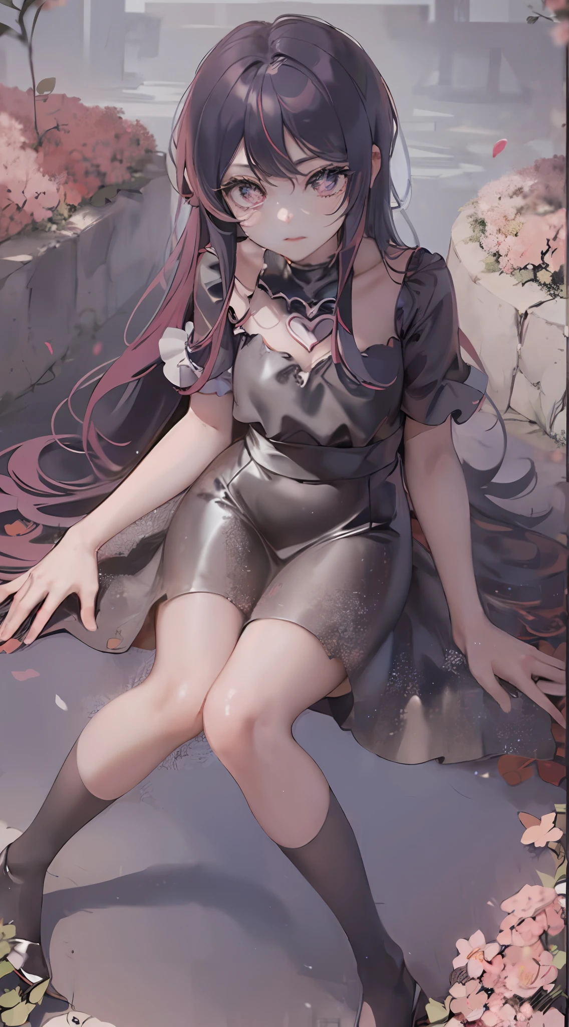 Anime girl sitting on flower bed with long black hair, seductive anime girls, loli in dress, cute anime waifu in a nice dress, Anime girl wearing black dress, small curvaceous loli, gothic maiden anime girl, Guweiz in Pixiv ArtStation, Beautiful anime girl, Guweiz on ArtStation Pixiv,Star Eyes。
