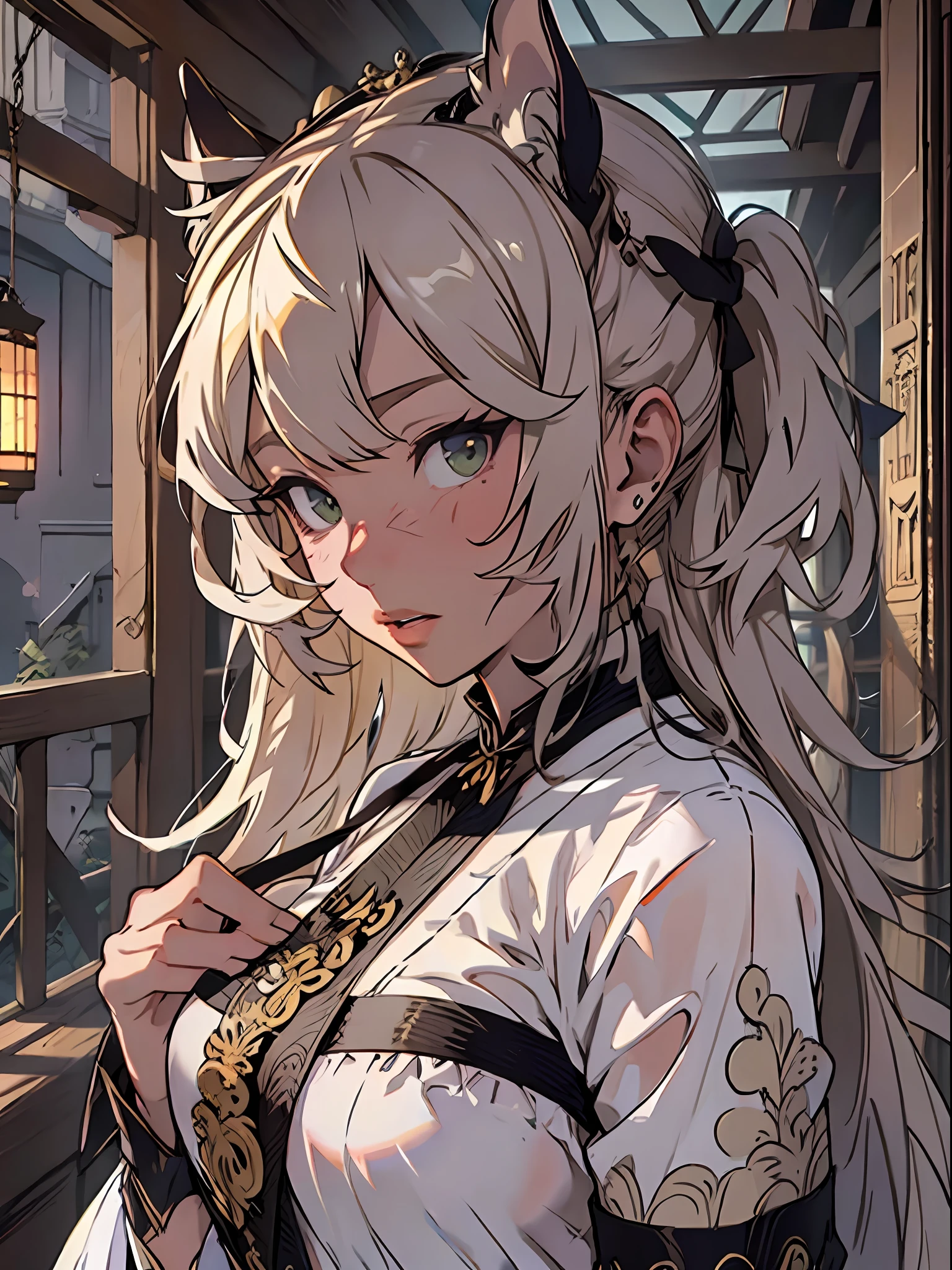 (masterpiece, best quality), intricate details, 1girl, house_dragonmaid, (jitome:1.5), upper body, face focus,