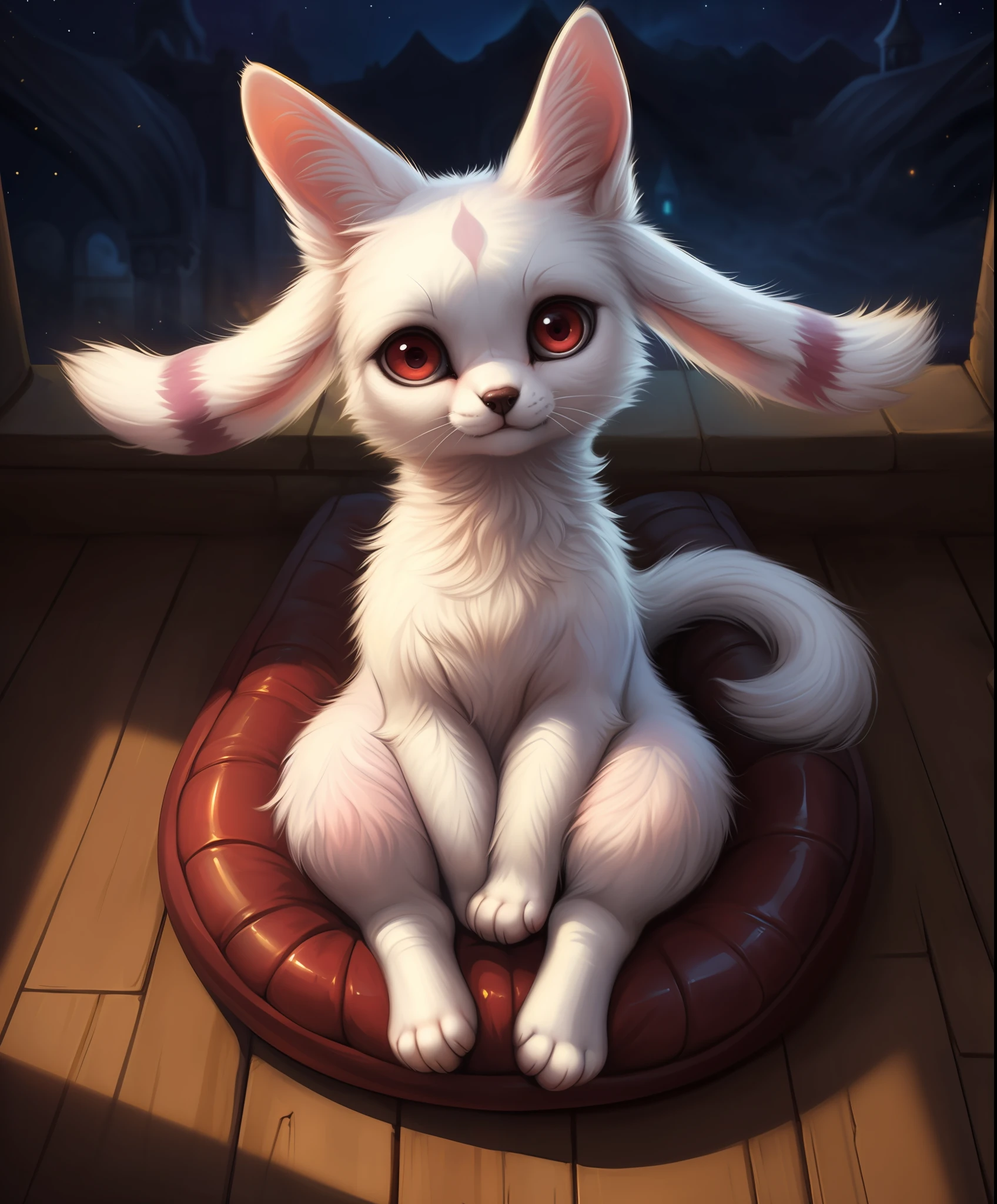 uploaded on e621, ((by Lostgoose, by Silverfox5213, by Joaqun Sorolla)), solo (((wildlife feral))) (((Kyubey))) with ((white and pink body)) and ((clear dark red eyes)), BREAK, and (((long white ears))), ((half-length portrait)),, (detailed feral Kyubey), (detailed lighting), ((detailed latex fur)), BREAK, (((lying at monastery with nebula on night))), (cinematic lighting), ((detailed background)), ((depth of field)), (half body shadow), ((sunlight)), (looking at viewer), (high-angle view), ((front view)), [backlighting], [detailed ambient light], [gray natural lighting], [ambient light on the belly], [realistic proportions], [explicit content, adult, nsfw], [sharp focus], (questionable content), (shaded), (hi res), ((masterpiece)),