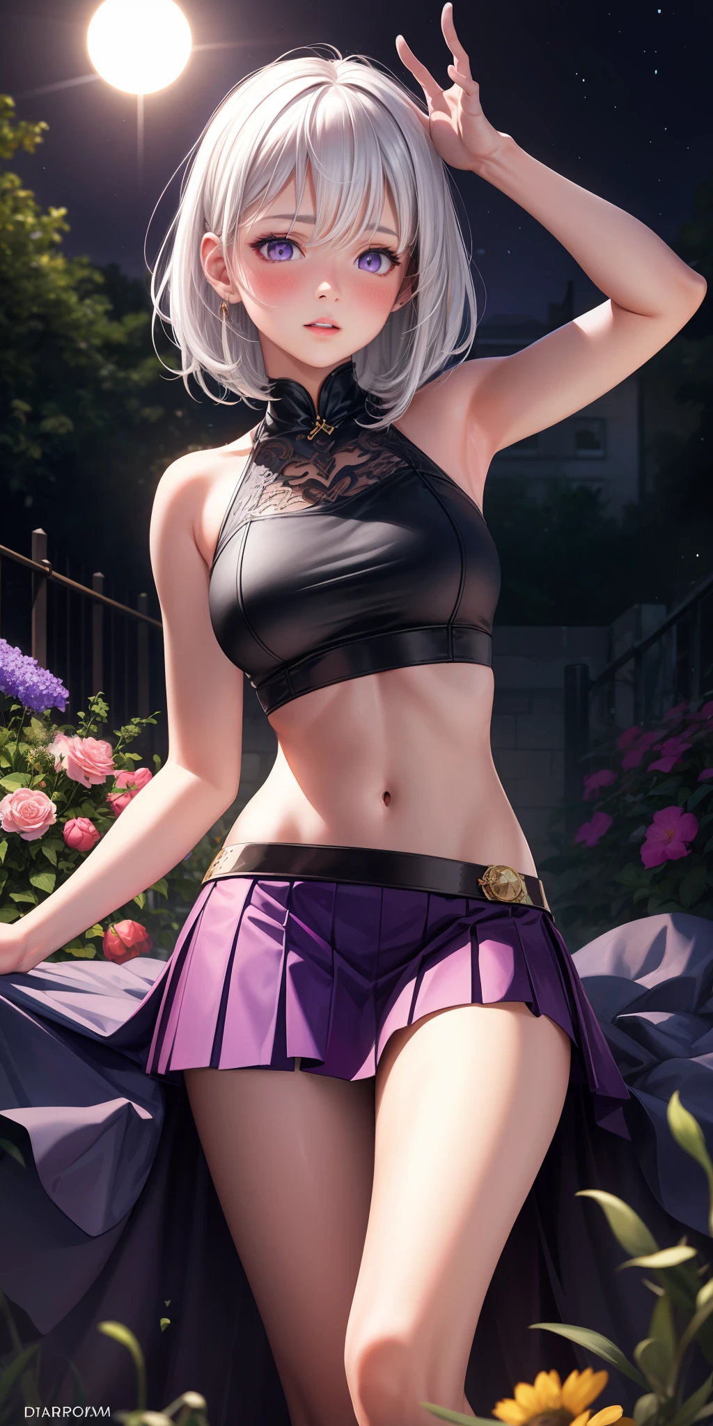 realistic, 1girl, white hair, purple eyes, glowing eyes, crop top, skirt, parted lips, blush, night, flowers, sun, sunlight,