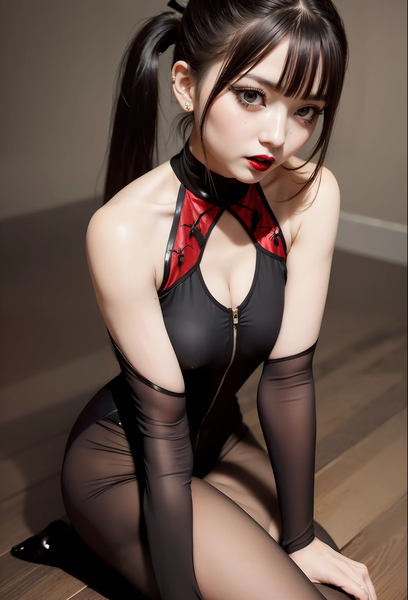 Japan pretty girl, (realisitic, Hi-Res: 1.4), Girl in 1, (Natural light), (more face, more hair, More skin), (Middle chest),Big eyes, slender, an legs, mid-waist, Full body shot,(Spider pattern leotard: 1.1),Ponytail hair,(shiny tights:1.2),(vampire makeup:1.4),Armpit