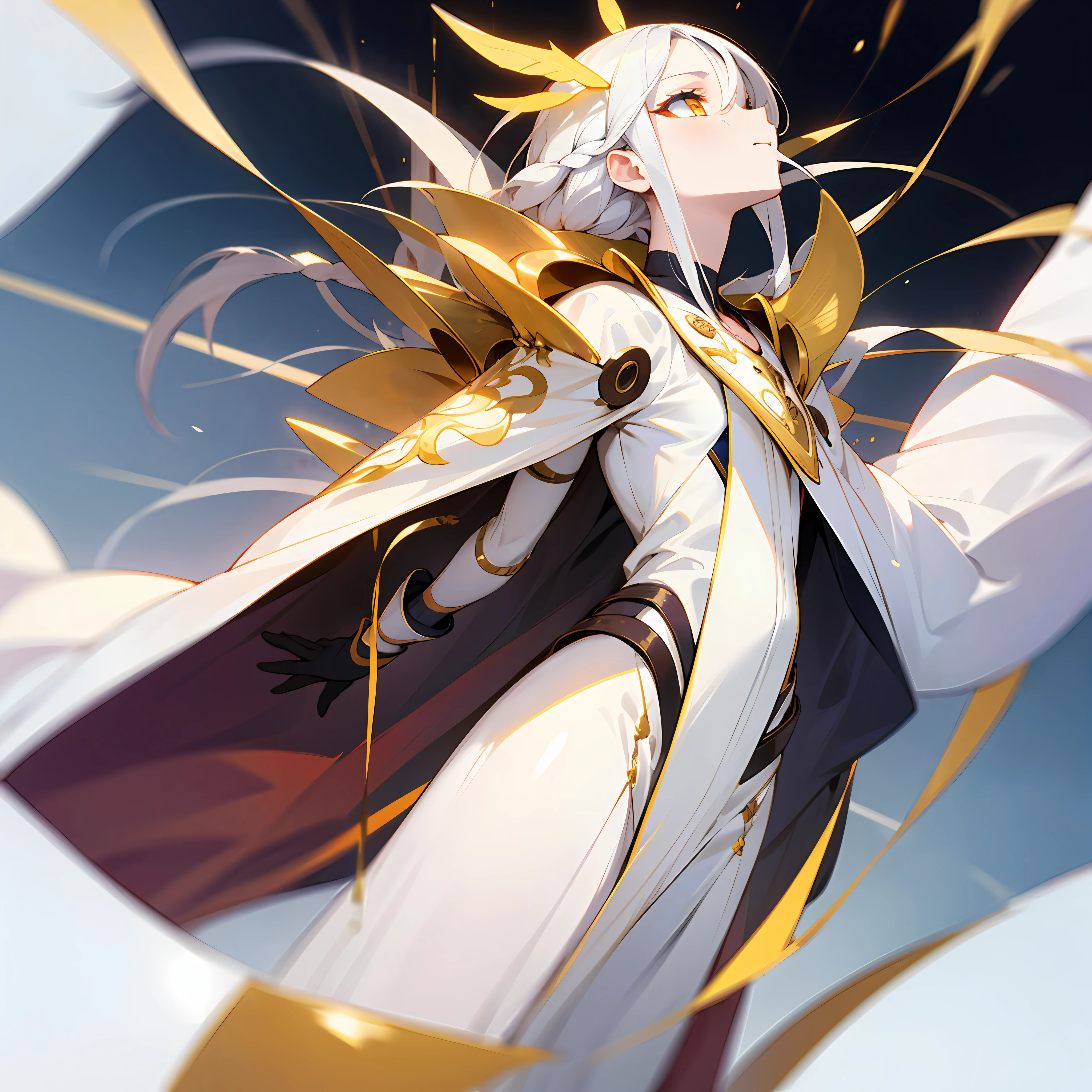 white clothes,white skinned,whaite hair,long braid,Golden eyes,Look up,The upper part of the body,Need,tmasterpiece --auto