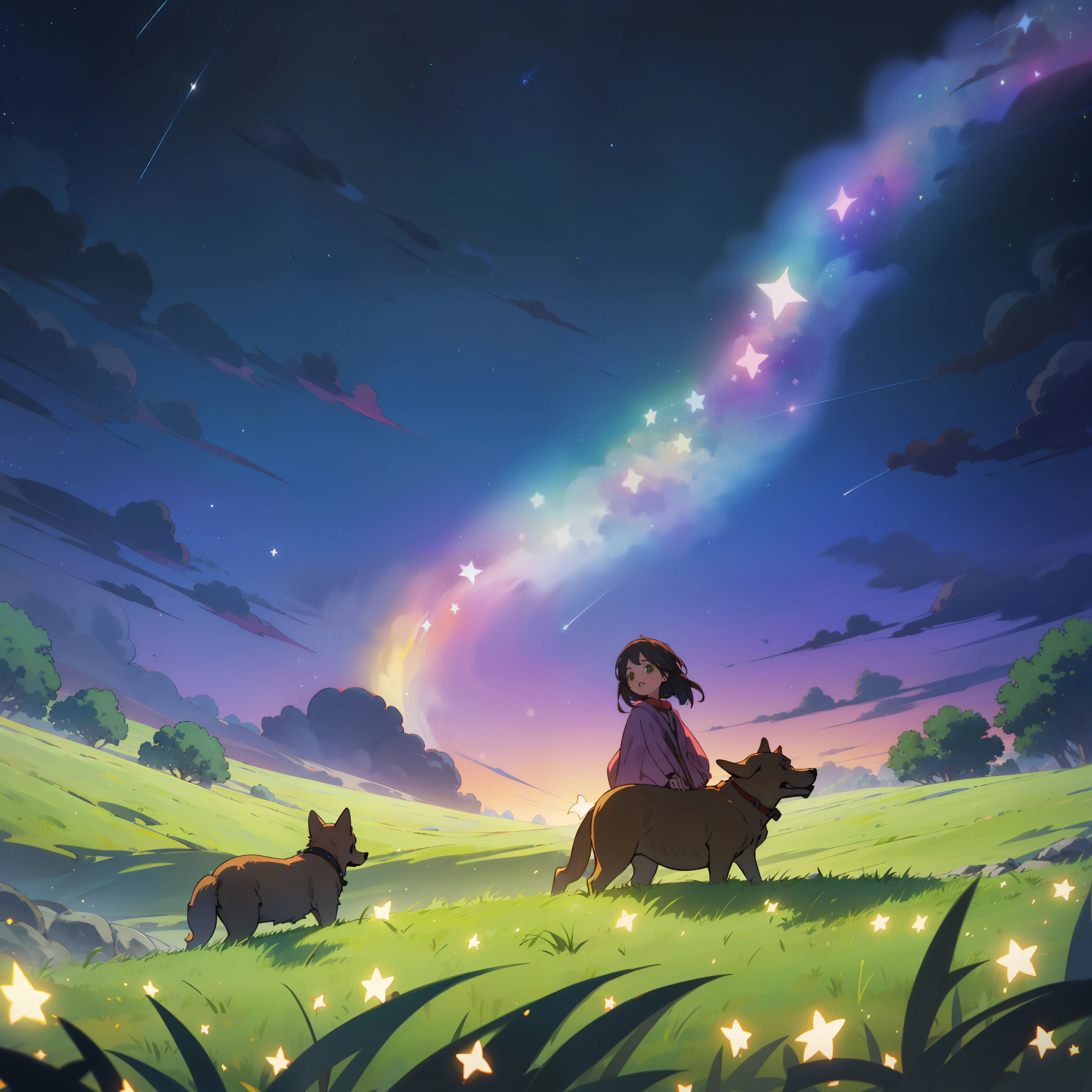 night sky full of stars，Little girl and dog on green meadow