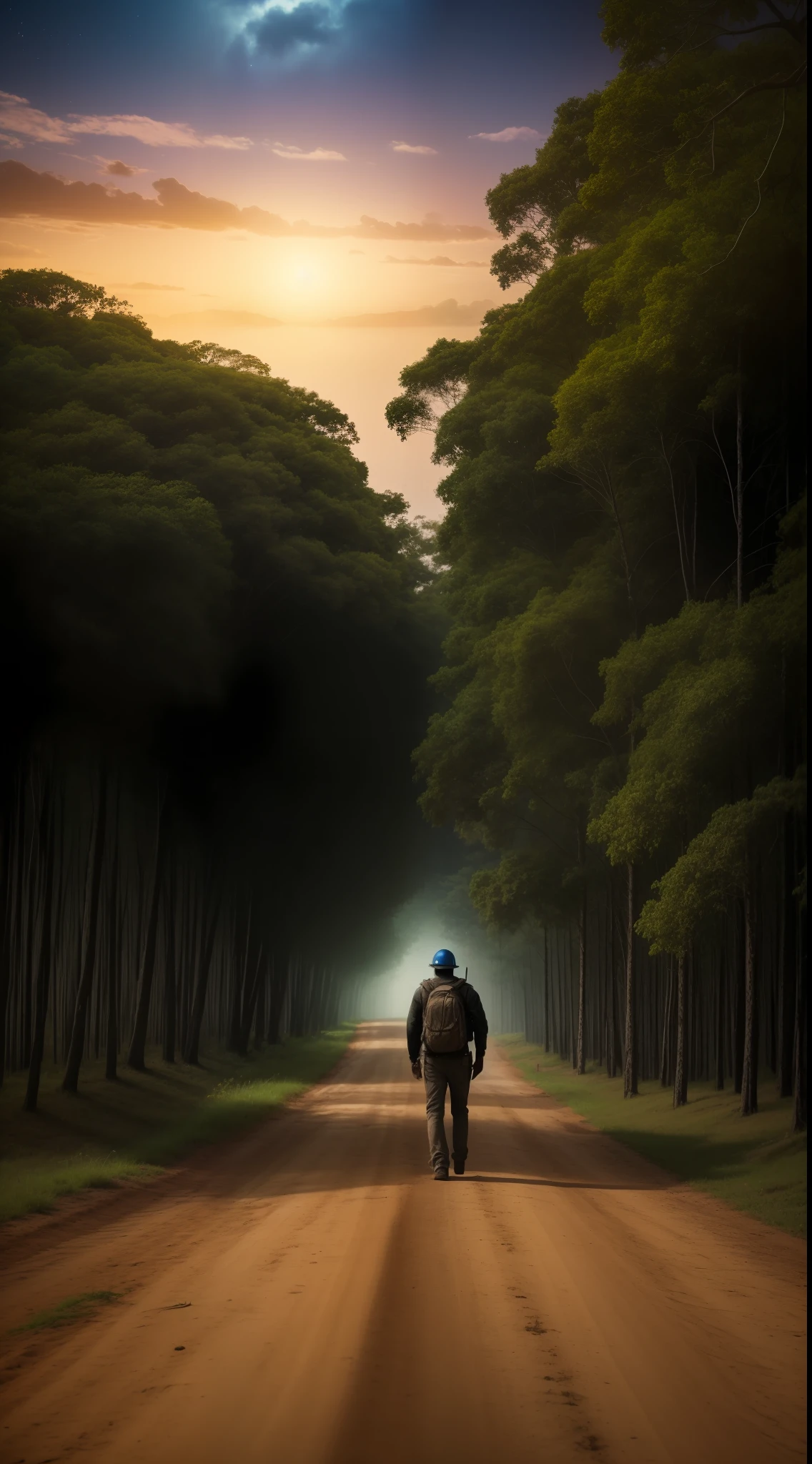 homem andando no meio da estrada, no centro da imagem, Clima escuro e aconchegante, dense trees, Beautiful galaxy on the horizon, twilights, perfeccionismo, master part, fotografia profissional, obra de arte, best quality, melhor trabalho, qualidade profissional, qualidade do filme, alto contraste, 8k, HDR, papel de parede, anatomia perfeita --auto