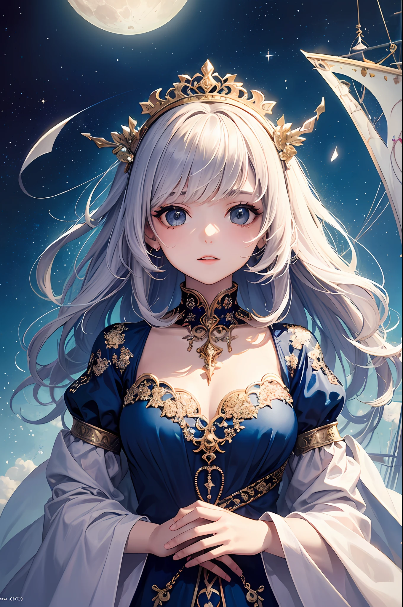 (masterpiece、top-quality、top-quality、Official art、Beautifully Aesthetic:1.2)、(1girl in)、ighly detailed、(Fractal Art:1.3)、colourfull、highestdetailed、Sagittarius temperament、Fantasia、Soothing、Dreaming Beings、Inquire into the mind、Philosophical、voyage、Dress with the image of the moon、Royal Blue、princess、Unknown world、