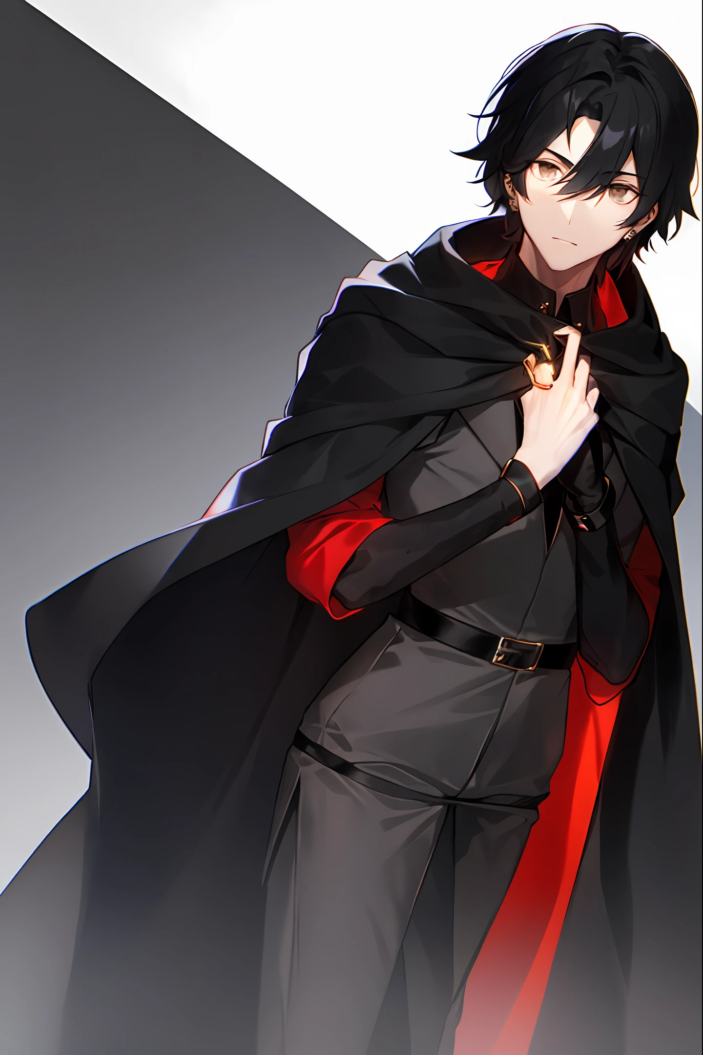 Man with black hair,Long black and red cape,Black stud earrings,Black bandage on the left hand,Black gloves on the right hand