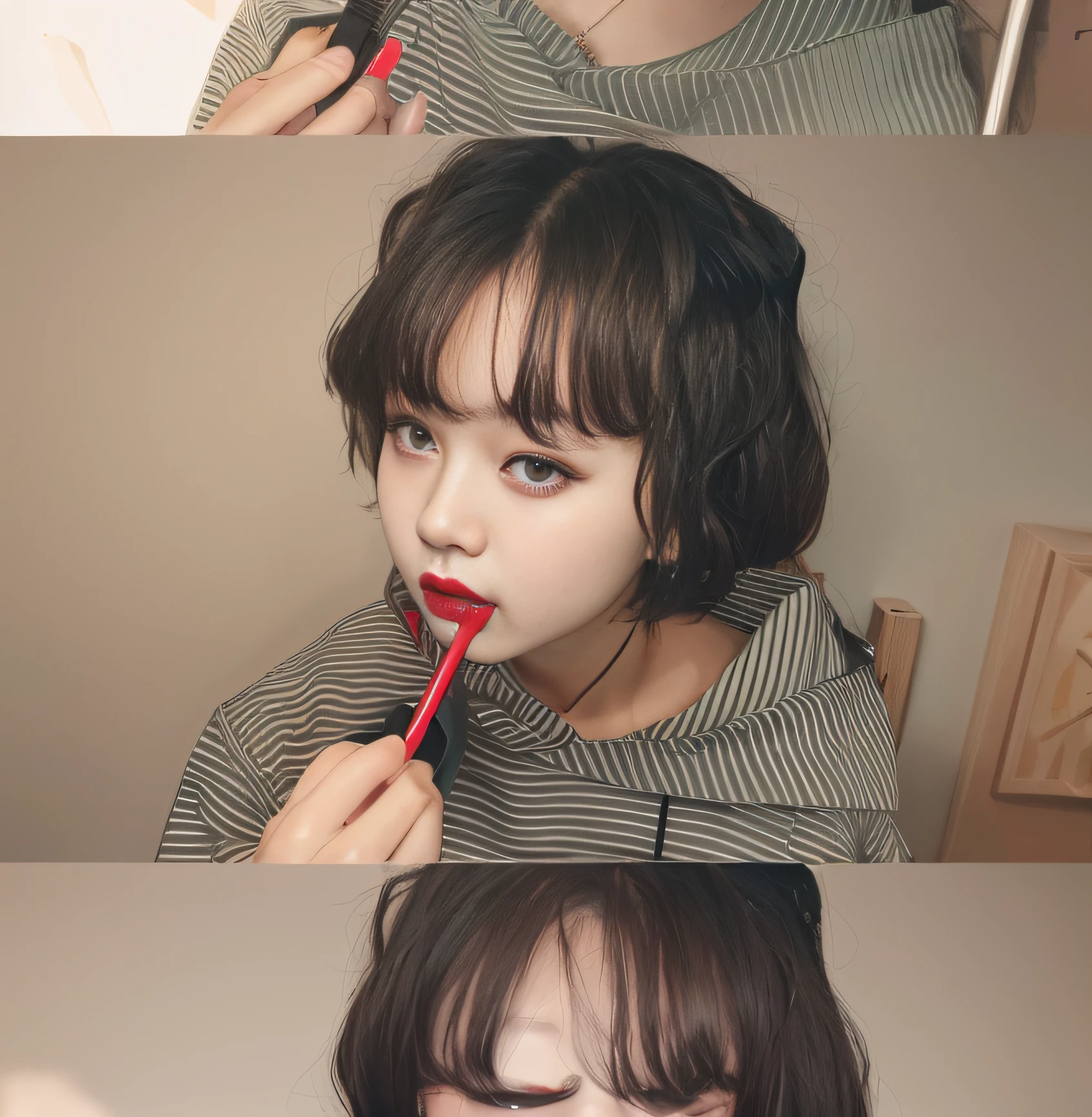 bit girl, ulzzangs, Apply lip gloss, Cute pout, both have red lips, she has a cute expressive face, She has a cute face, Gloss on lips, jimin\'s plump lips, wan adorable korean face, yanjun cheng, popular korean makeup, pouty lips, lipstick --auto