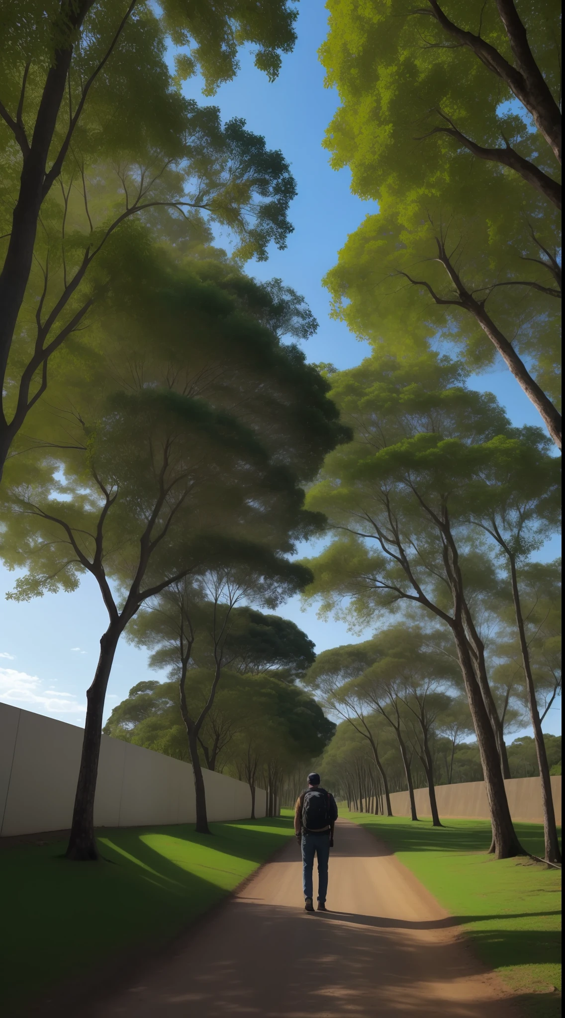 homem andando no meio da estrada, no centro da imagem, Clima escuro e aconchegante, dense trees, Beautiful galaxy on the horizon, twilights, perfeccionismo, master part, fotografia profissional, obra de arte, best quality, melhor trabalho, qualidade profissional, qualidade do filme, alto contraste, 8k, HDR, papel de parede, anatomia perfeita --auto
