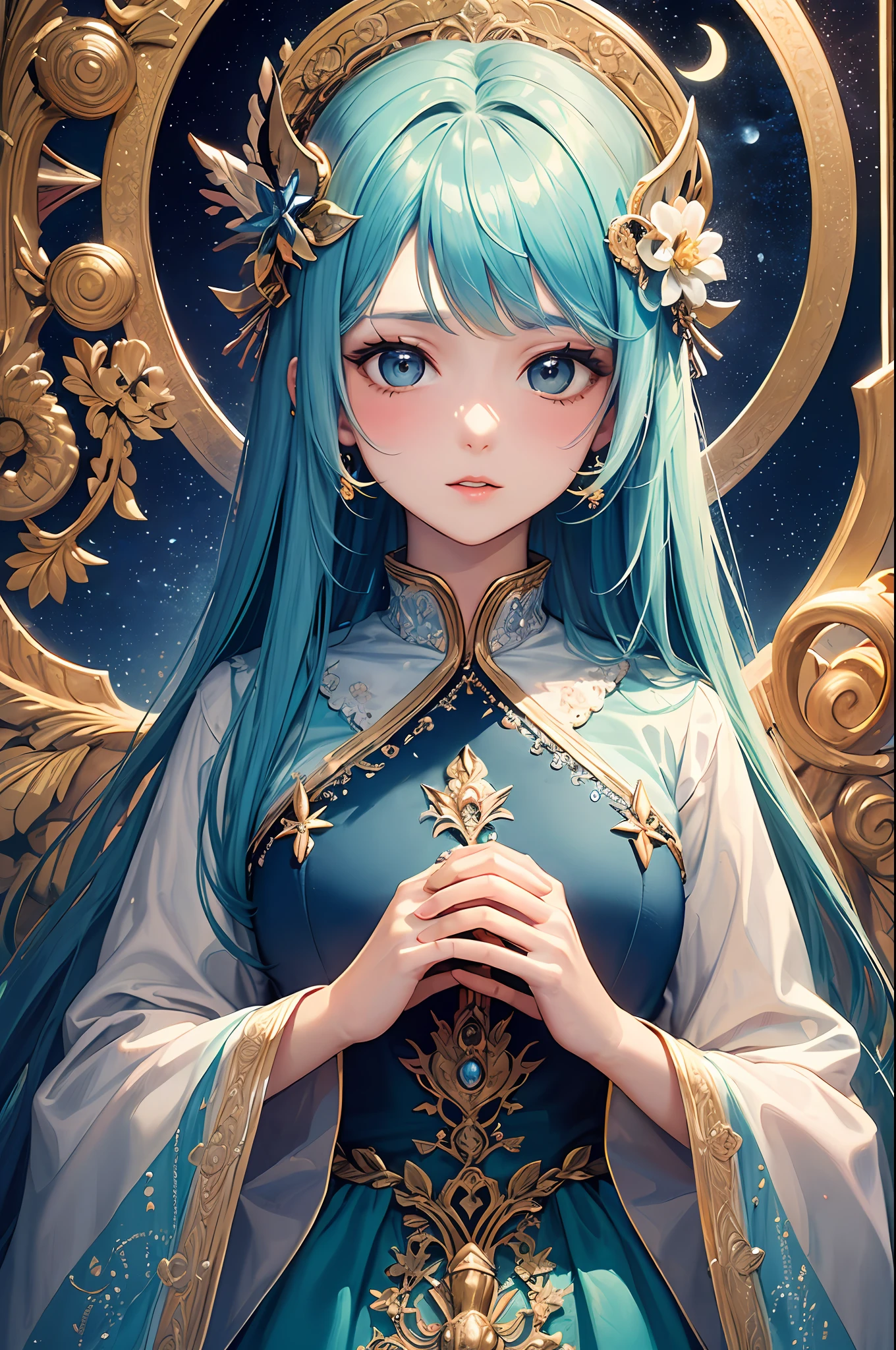 (masterpiece、top-quality、top-quality、Official art、Beautifully Aesthetic:1.2)、(1girl in)、ighly detailed、(Fractal Art:1.3)、colourfull、highestdetailed、Sagittarius temperament、Fantasia、Soothing、Dreaming Beings、Inquire into the mind、Philosophical、voyage、Dress with the image of the moon、Royal Blue、princess、Unknown world、