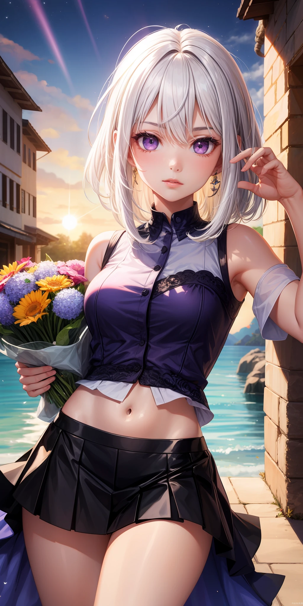 realisticlying,1girl,White hair,Purple eye,glowing light eyes,Cut the top,a skirt,parted lip,Be red in the face,the night,fresh flowers,suns,rays of sunshine,Kizi
