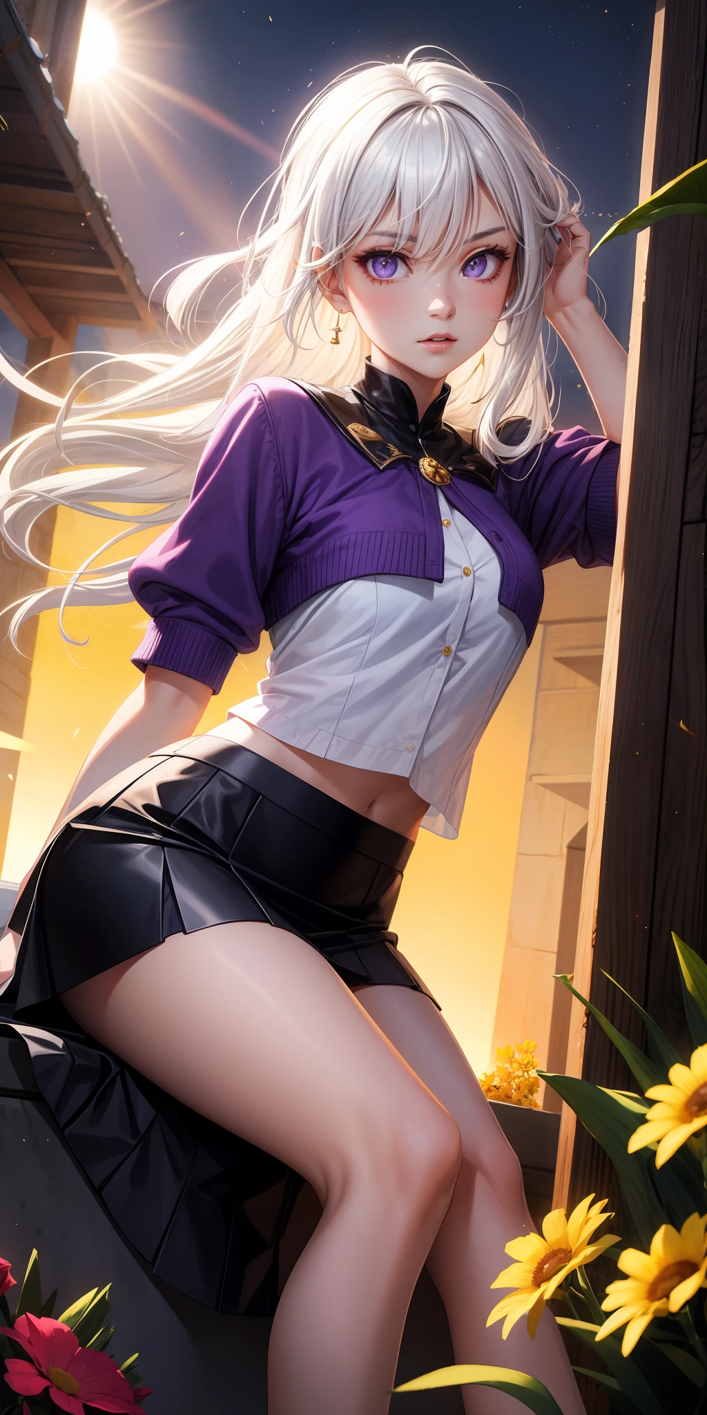 realisticlying,1girl,White hair,Purple eye,glowing light eyes,Cut the top,a skirt,parted lip,Be red in the face,the night,fresh flowers,suns,rays of sunshine,Kizi