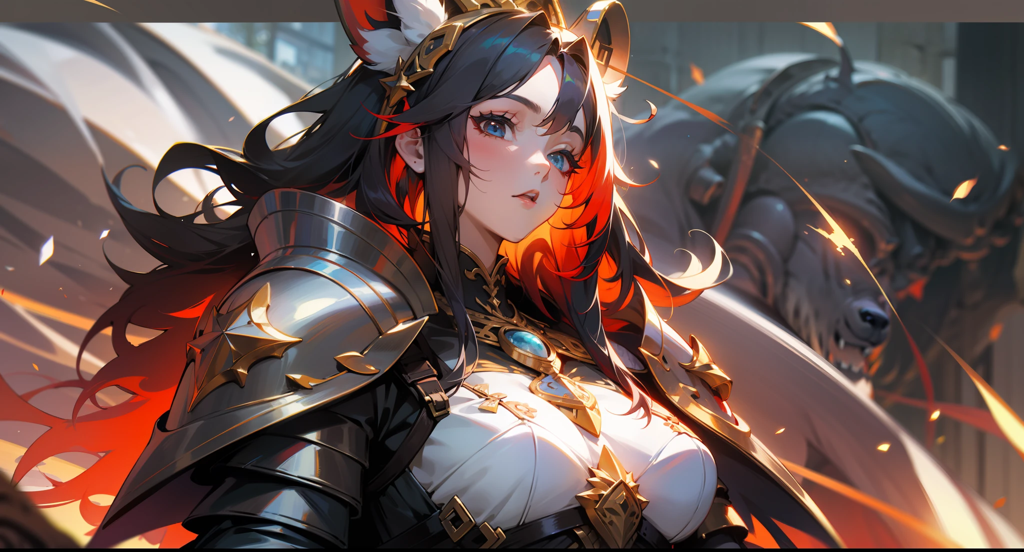 a female druid, wildly colored hair, Dark fantasy, detailed colored armor, with a giant red bear behind her