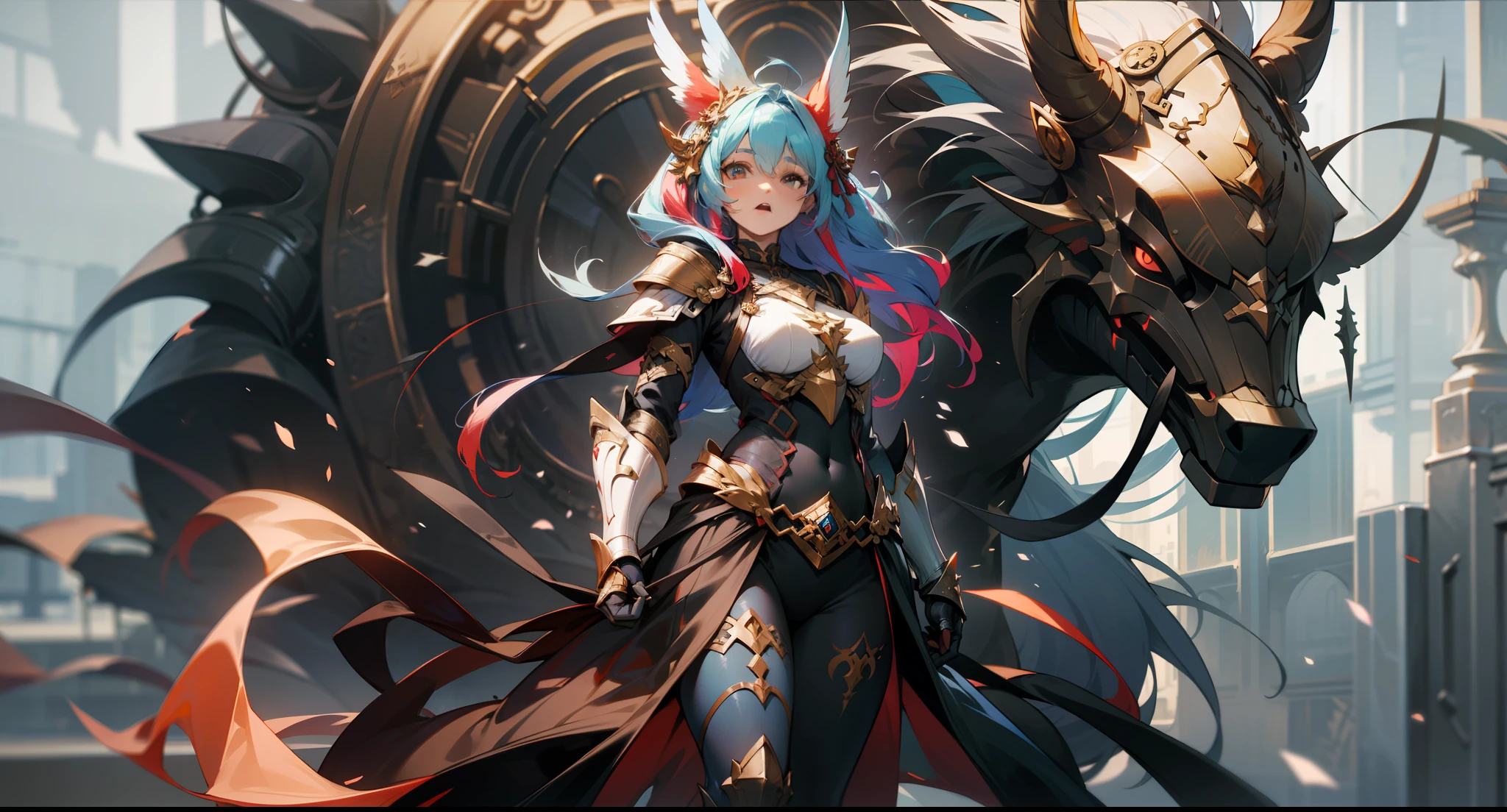 a female druid, wildly colored hair, Dark fantasy, detailed colored armor, with a giant red bear behind her