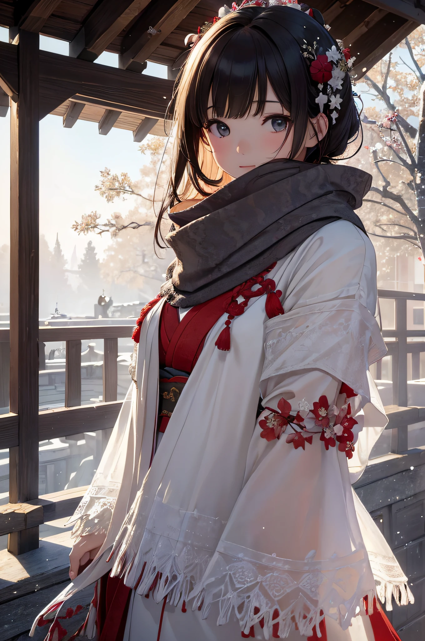 (Master masterpiece:1.3), Realistic epic、Cinematic lighting、absurderes, 超A high resolution, Highly detailed , 细致背景、Winters、snow cover、Plaster walls、gate、a street、the morning sun、Japan kimono、(shawls:1.4)、1girl in、face perfect、Red and white as the main colors