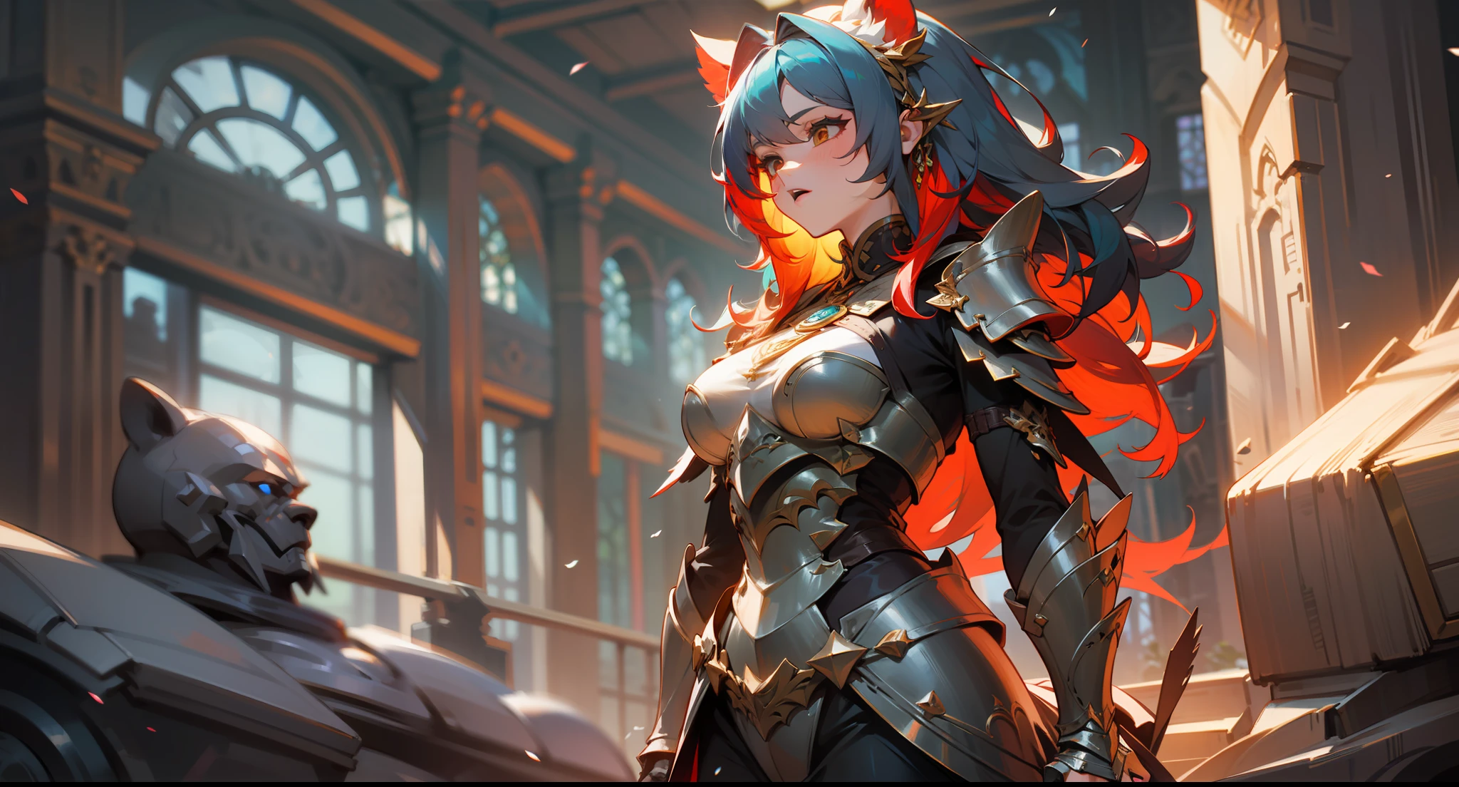 a female druid, wildly colored hair, Dark fantasy, detailed colored armor, with a giant red bear behind her