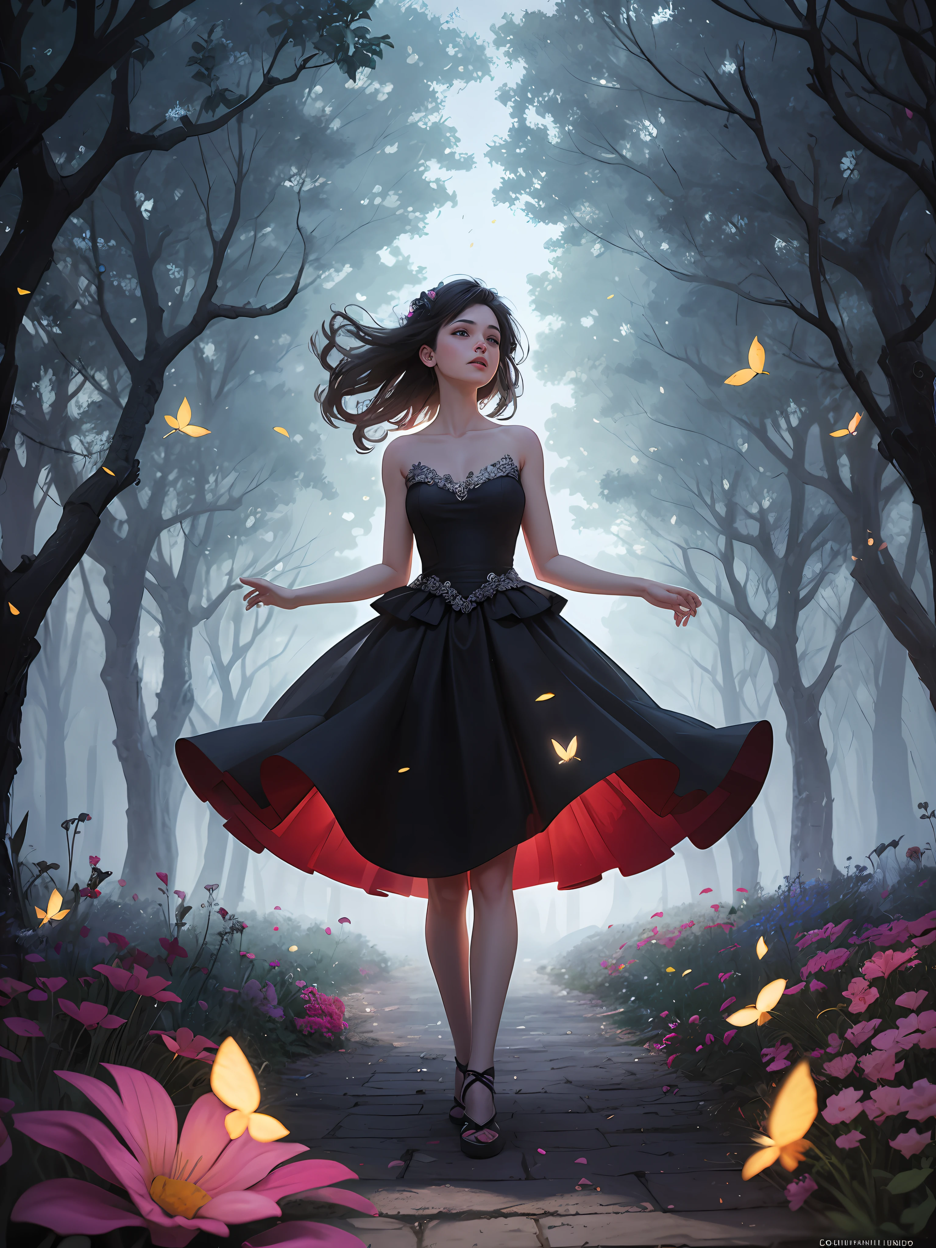 1girl, solo, full body, (masterpiece:1.21), (best quality:1.2), colorful, (illustration:1.2), (cinematic lighting:1.1), (bare shoulders:1.21), (collarbone:1.21) in this whimsical A beautiful and dreamlike garden, the scene is illuminated by a rainbow (colorful fireflies) dancing in the air. Pastel (drizzle) adorns the garden, creating a hazy and ethereal atmosphere. In the center of the picture, stands a single girl, an extremely beautiful girl, with lovely facial features and an innocent expression. Her long hair fluttered in the wind. She wore a low-cut strapless dress that accentuated her curves. The lighting is very delicate and beautiful, creating a soft warm glow that accentuates the water and makes it sparkle like a diamond. The finest grasses are also illuminated to create a lush carpet. The garden is surrounded by colorful flower fields with flowers of all colors and shapes. Various colors and sizes (coloured butterflies) can be seen flying around the scene, adding to the overall sense of wonder and magic. (Everyone, judges), a blush can be seen on the bridge of the nose, and the mouth is slightly opened, which adds to the overall sense of innocence and youth. Falling petals can be seen waving around her, adding to the overall sense of romance and beauty. The breeze is blowing, the leaves are rustling, and the flowers are swaying, adding to the overall dynamism and vitality. It is a scene of pure wonder and magic, full of color and beauty, where the viewer can lose themselves in this enchanting and captivating world.