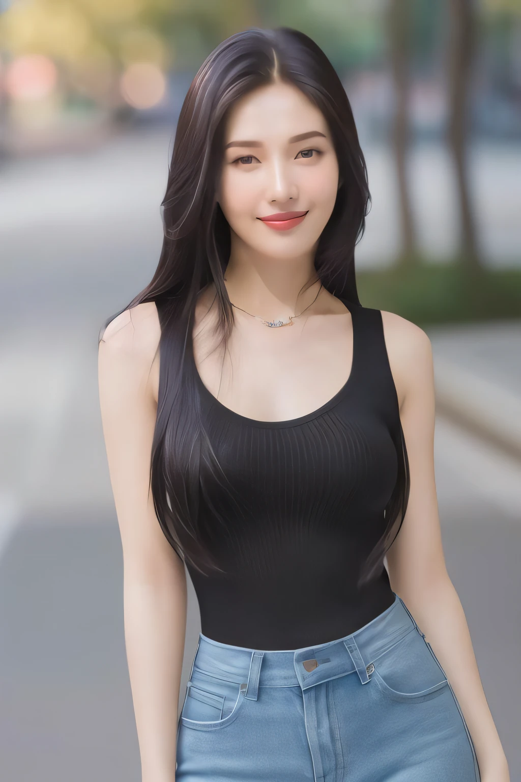 Joy,1girl,woman,complex 3d render ultra detailed, (smile:1.1), portrait of beautiful woman, moody portrait, striking features, beauty, intricate details, dramatic composition, tension, contrast, texture, realism, high-quality rendering, stunning art, high quality, film grain, Fujifilm XT3,swirly bokeh,(realistic, photo-realistic:1.4),RAW photo,physically-based rendering,(looking at viewer:1.4),(8k, best quality, masterpiece:1.5),(full body shot:1.2),octane render,extremely detailed CG, unity 8k wallpaper,in street,urban,city,(studio soft light,sunlight:1.1),hyper realistic detail shiny skin,ultra detailed,(standing:1.1),(a girl is wearing sleeveless:1.5),(ultra realistic:1.1),(intricate:1.1),(photorealistic:1.5),1girl,(skinny:1.3),detailed background ,(large breasts:1.3)