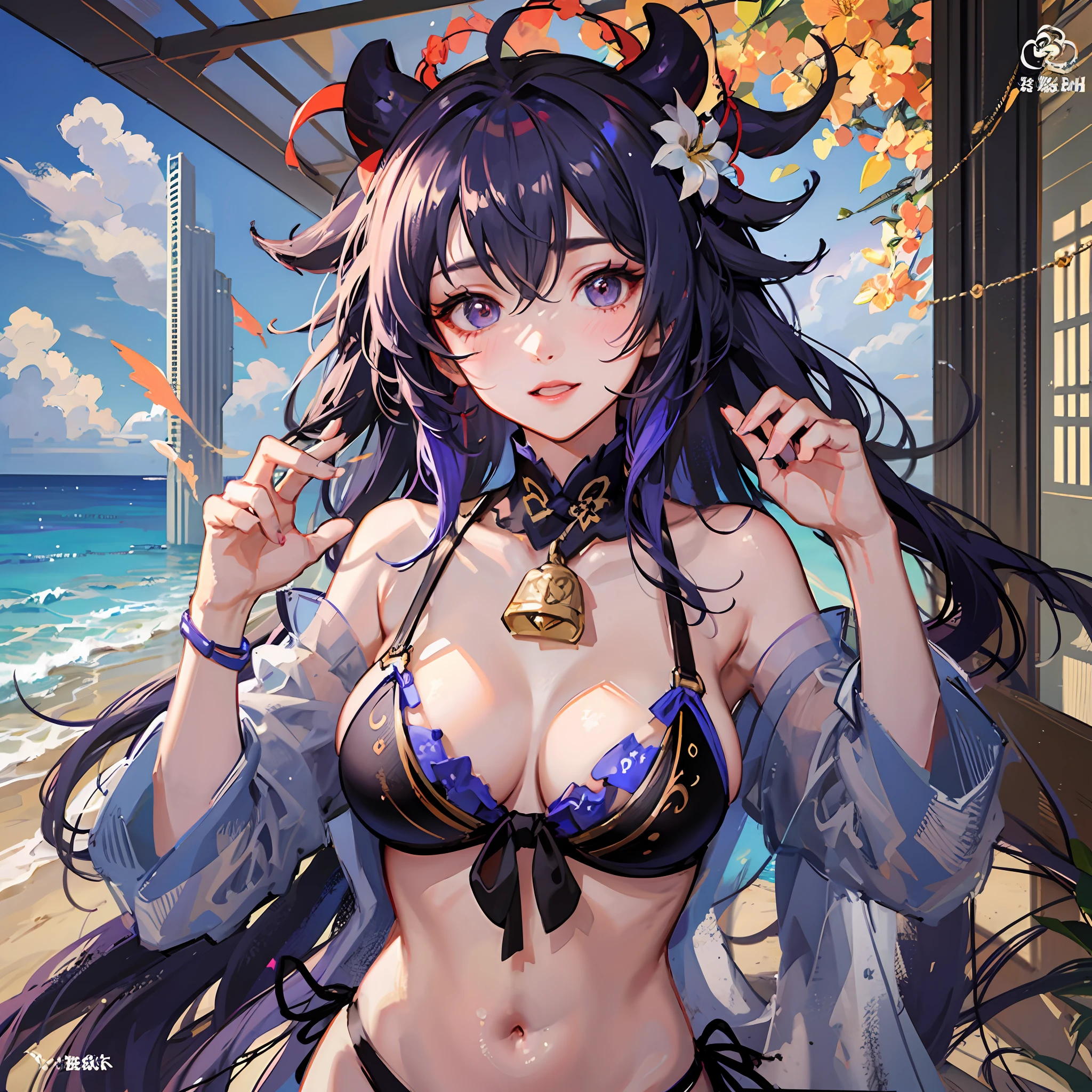 Sweet rain\(Genshin Impact\), 1 Genshin Ganyu image girl blushing, Breasts, Chinese knot, the sleeve, flower knot, , cow horn, long whitr hair, looking at viewert, middlebreast, Neckbells, the night,purpleeyes,, Solo, nipple tassels, ((Masterpiece)) Swimwear, Sexy swimwear, Seaside, beach, Ocean Hands Up Beach Resort Swimwear Straight chest
