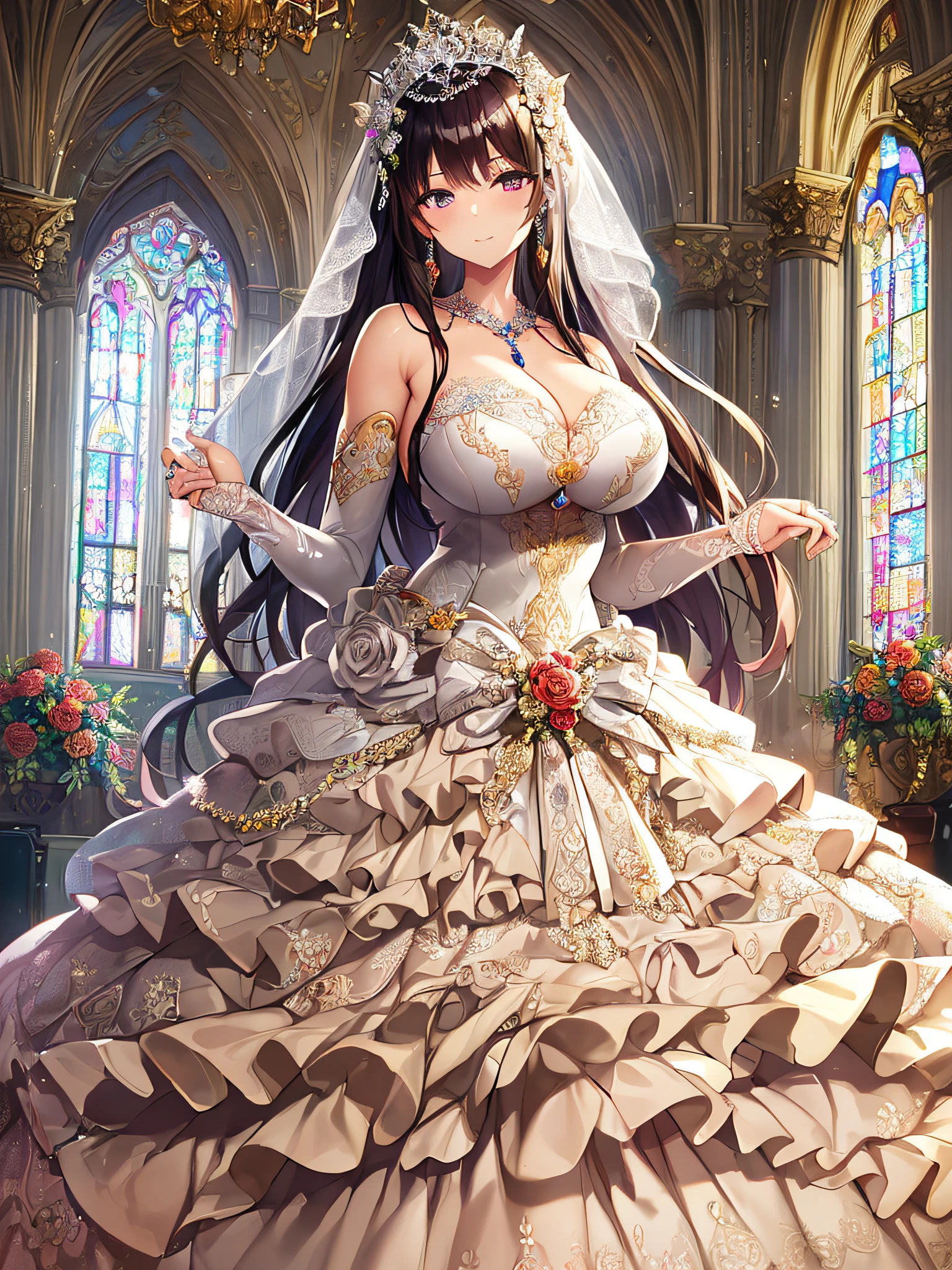 ((anime artstyle)),(Masterpiece),(Best Quality), (Super Detail),((Very Delicate and Beautiful)),Focus on character,Dynamic Angle,Looking at viewer,((Solo)),standing,((full body)),((one princess in gorgeous ball gown wedding dress with voluminous skirt)),((June bride)),detailed face and eyes,jewel-like eyes,((Very Long voluminous Hair)),gorgeous embroidery and lace,((gorgeous corsage)),See-through,ornate ruffles,(Gorgeous jewelry ornaments),luxury hair ornament,luxury tiara with jewels,(gigantic breasts,Long breasts),(indoor,church wedding),((full body)),hoop skirt,crinoline,(((fusion of jeweled wedding dress and gorgeous embroidery rococo ballgown))),
