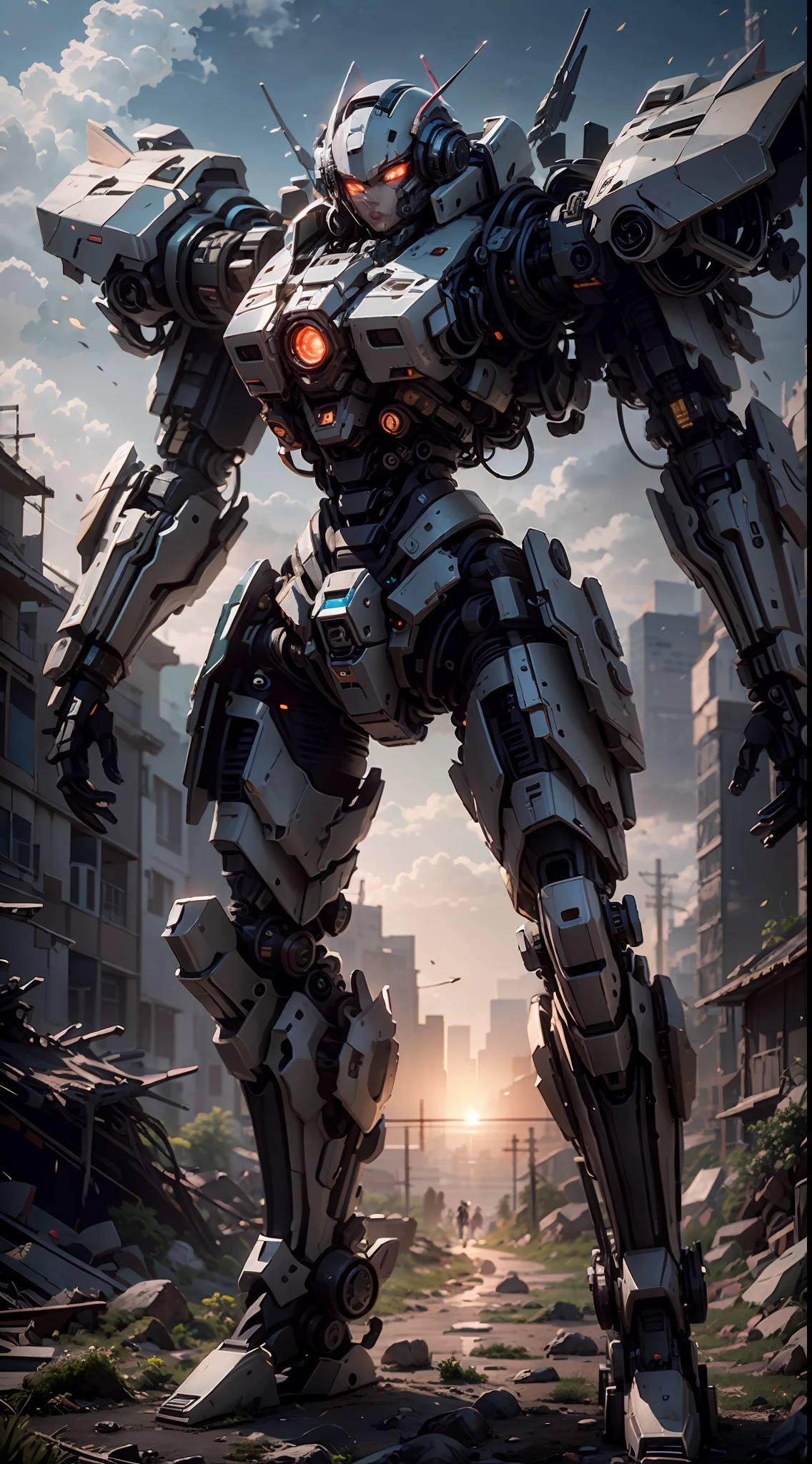 ((Best Quality)), ((Masterpiece)), (Very Detailed:1.3), 3D, Shitu-mecha, Beautiful cyberpunk woman with her pink mech in the ruins of a city in the forgotten war, Ancient technology, HDR (High Dynamic Range), ray tracing, NVIDIA RTX, super resolution, unreal 5, subsurface scattering, PBR texture, post-processing, anisotropic filtering, depth of field, maximum sharpness and sharpness, multi-layer texture, albedo and highlight maps, surface shading, Accurate simulation of light-material interactions, perfect proportions, octane rendering, duotone lighting, low ISO, white balance, rule of thirds, wide aperture, 8K RAW, efficient sub-pixels, subpixel convolution, luminescent particles, light scattering, Tyndall effect