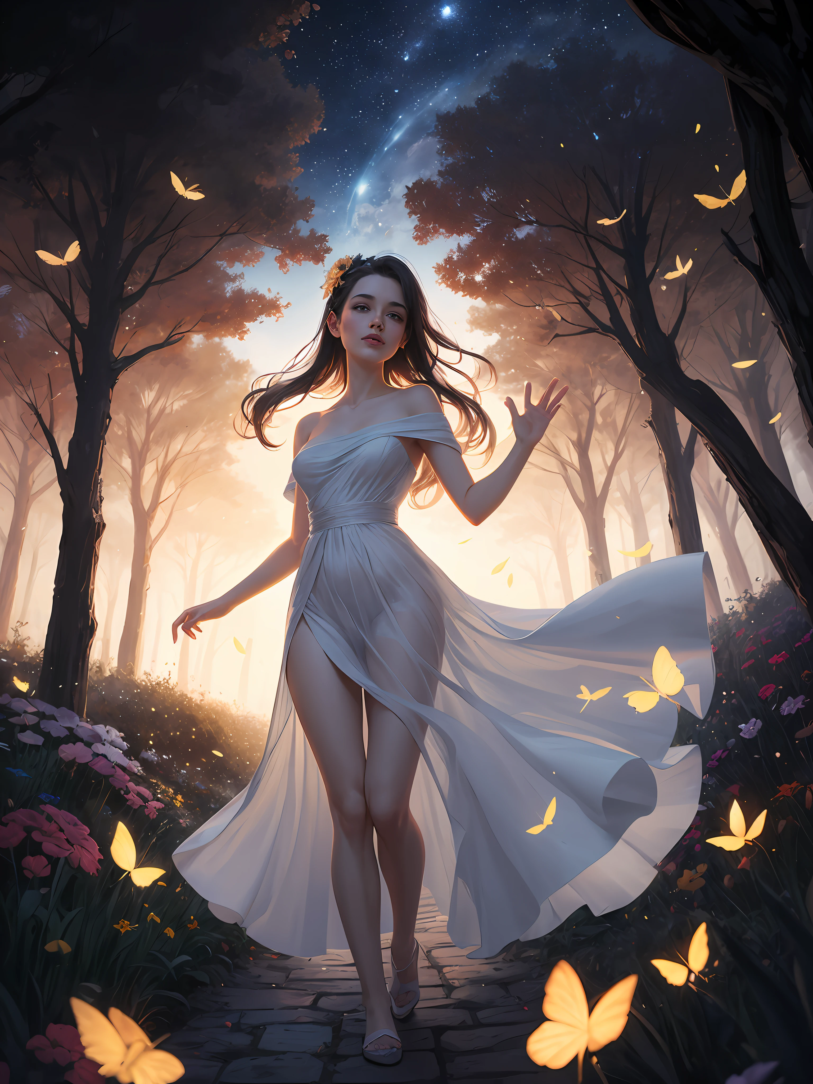 1girl, solo, full body, (masterpiece:1.21), (best quality:1.2), colorful, (illustration:1.2), (cinematic lighting:1.1), (bare shoulders:1.21), (collarbone:1.21) in this whimsical A beautiful and dreamlike garden, the scene is illuminated by a rainbow (colorful fireflies) dancing in the air. Pastel (drizzle) adorns the garden, creating a hazy and ethereal atmosphere. In the center of the picture, stands a single girl, an extremely beautiful girl, with lovely facial features and an innocent expression. Her long hair fluttered in the wind. She wore a low-cut strapless dress that accentuated her curves. The lighting is very delicate and beautiful, creating a soft warm glow that accentuates the water and makes it sparkle like a diamond. The finest grasses are also illuminated to create a lush carpet. The garden is surrounded by colorful flower fields with flowers of all colors and shapes. Various colors and sizes (coloured butterflies) can be seen flying around the scene, adding to the overall sense of wonder and magic. (Everyone, judges), a blush can be seen on the bridge of the nose, and the mouth is slightly opened, which adds to the overall sense of innocence and youth. Falling petals can be seen waving around her, adding to the overall sense of romance and beauty. The breeze is blowing, the leaves are rustling, and the flowers are swaying, adding to the overall dynamism and vitality. It is a scene of pure wonder and magic, full of color and beauty, where the viewer can lose themselves in this enchanting and captivating world.