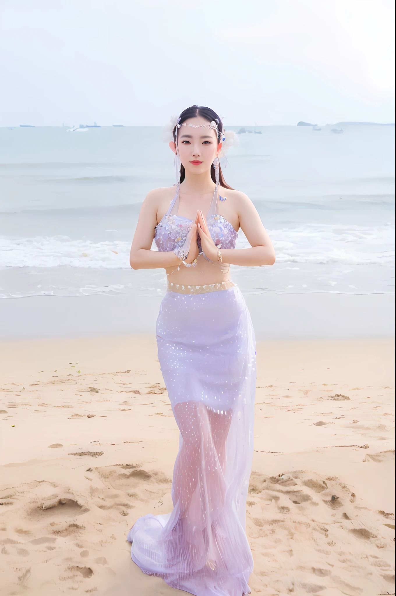 On the beach stands a woman in a mermaid costume, queen of the sea mu yanling, dilraba dilmurat, real photoshoot queen of oceans, wearing seashell attire, full-body xianxia, posing on a beach with the ocean, beautiful mermaid, Asian Woman Water Elemental, mermaid, jia, jen zee, Chen Xintong is a beautiful woman,Jellyfish skirt,full bodyesbian,looking at viewert,Tattoo skin,fish scales,abyssal,The is very detailed,Adrian Ghenie,Esao Andrews,Jenny Saville,Edward Hopper,James Jean,Takato Yamamoto,tmasterpiece,超高分辨率,high qulity,4k,photore,(真实感:1.2),