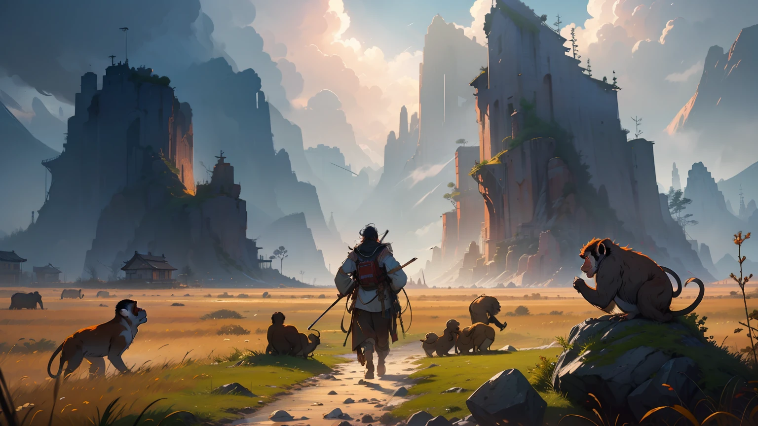 Abandoned land，Cluttered meadows，A large monkey and several small monkeys，Ancient wind，The background is a desolate mountain range，Beautiful CG quality，Clear and detailed description，Hearty shots，Rich and superb local details，Intoxicating light and shadow effects，Beautiful and beautiful overall atmosphere