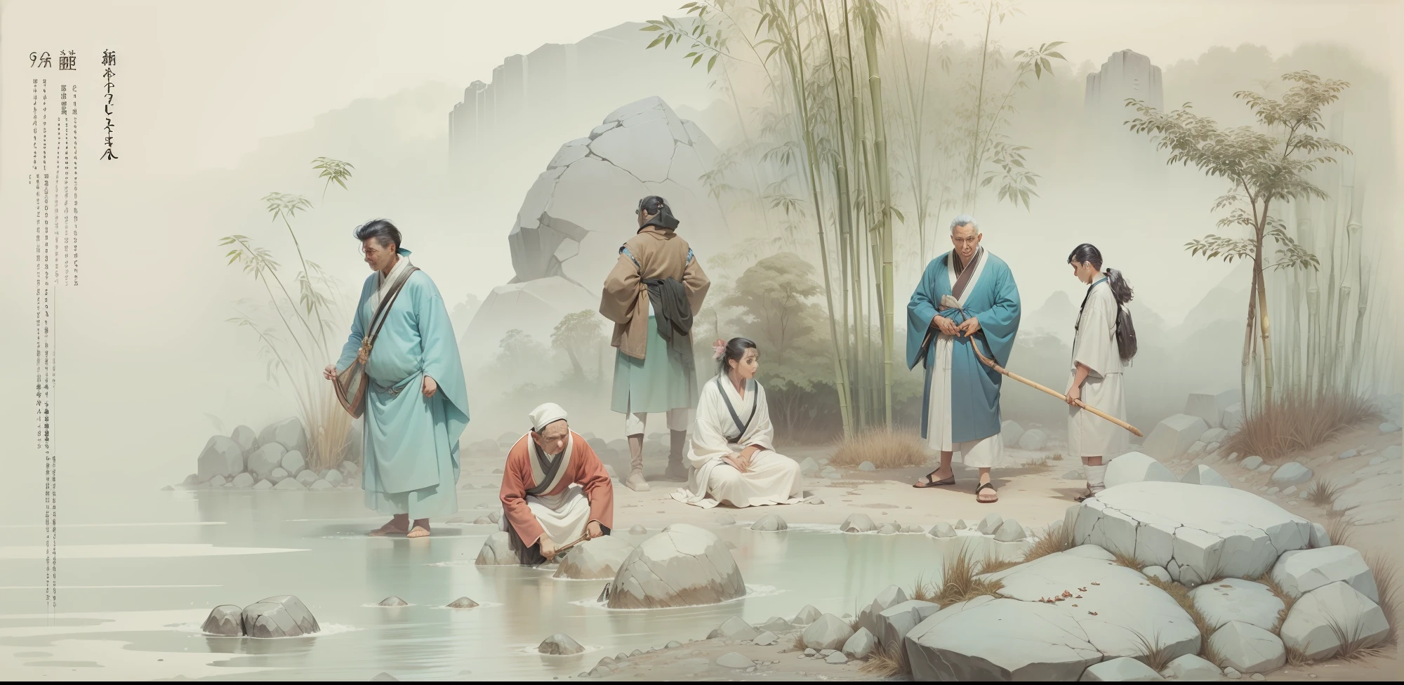 big rocks,人物,bamboo forrest,rios ,ink and watercolor painting --auto